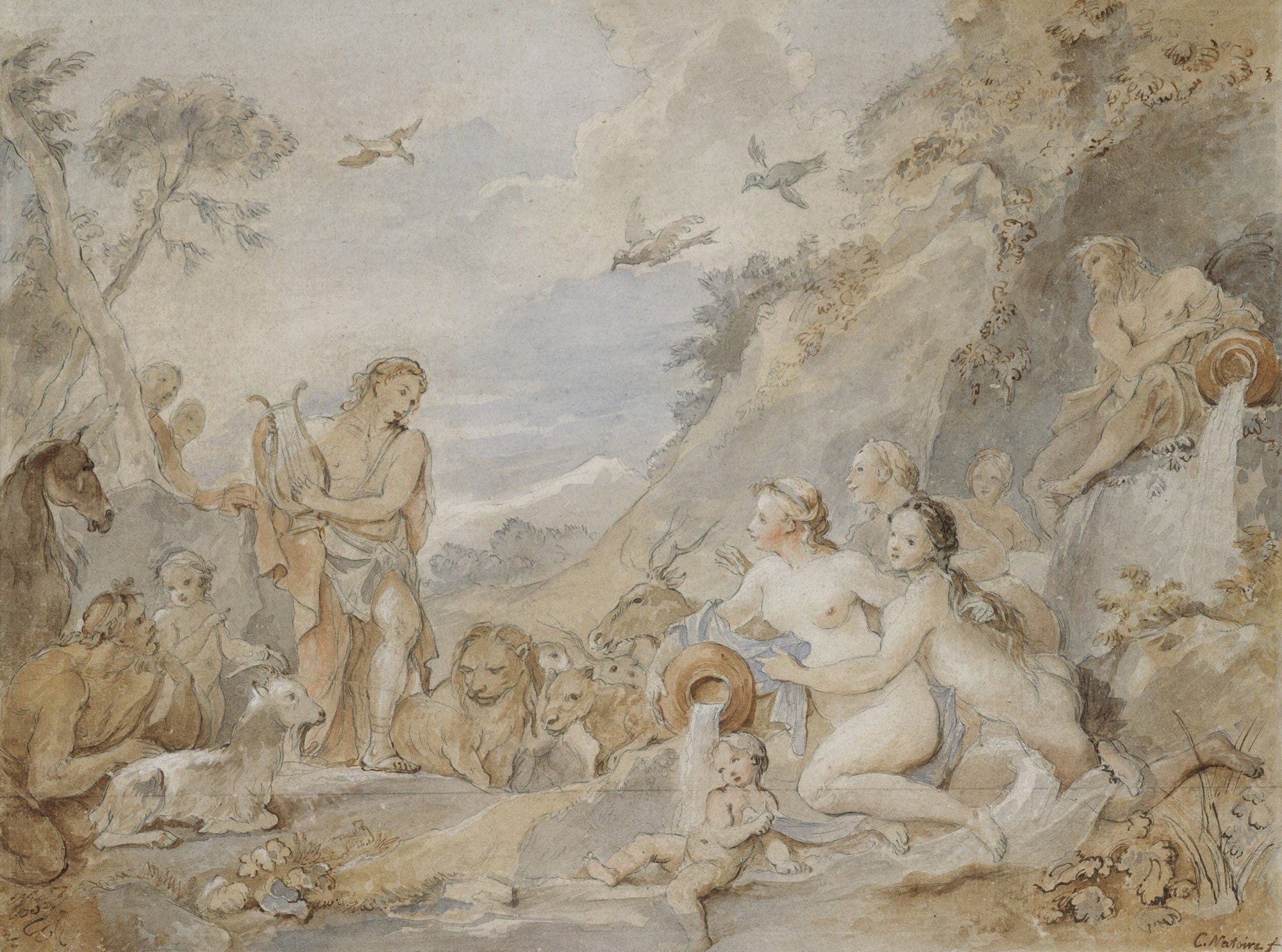 Orpheus Charming The Nymphs Dryads And Animals by Charles Joseph Natoire