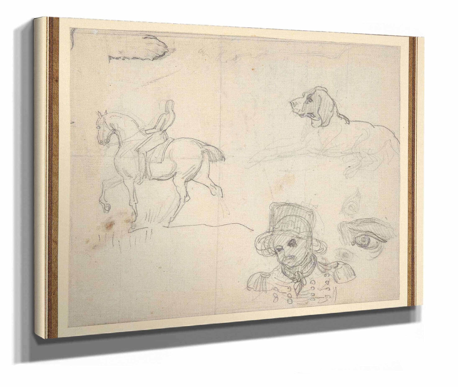 Page Of Sketches Equestrian Dog Soldiers Head by Theodore Gericault