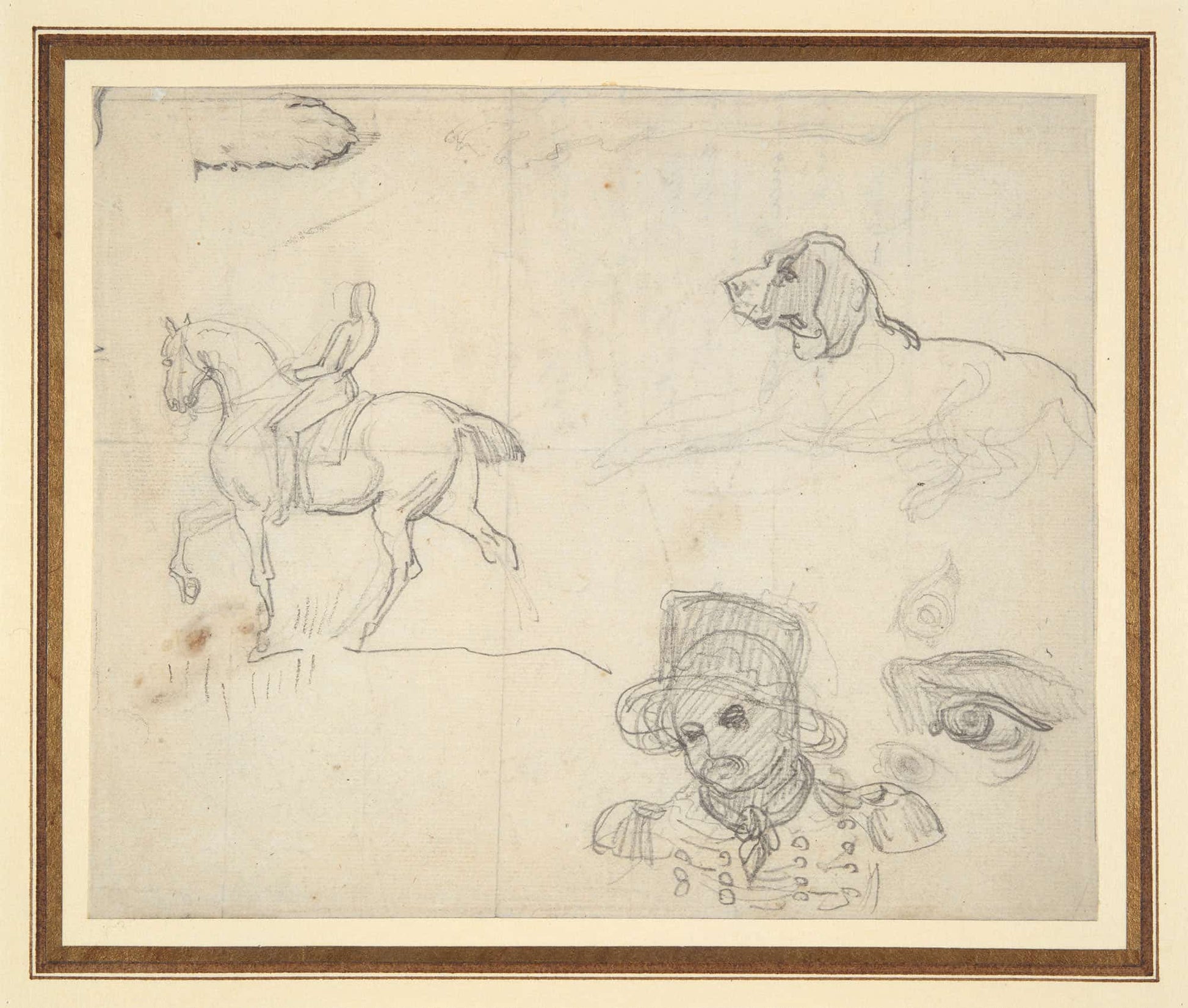 Page Of Sketches Equestrian Dog Soldiers Head by Theodore Gericault