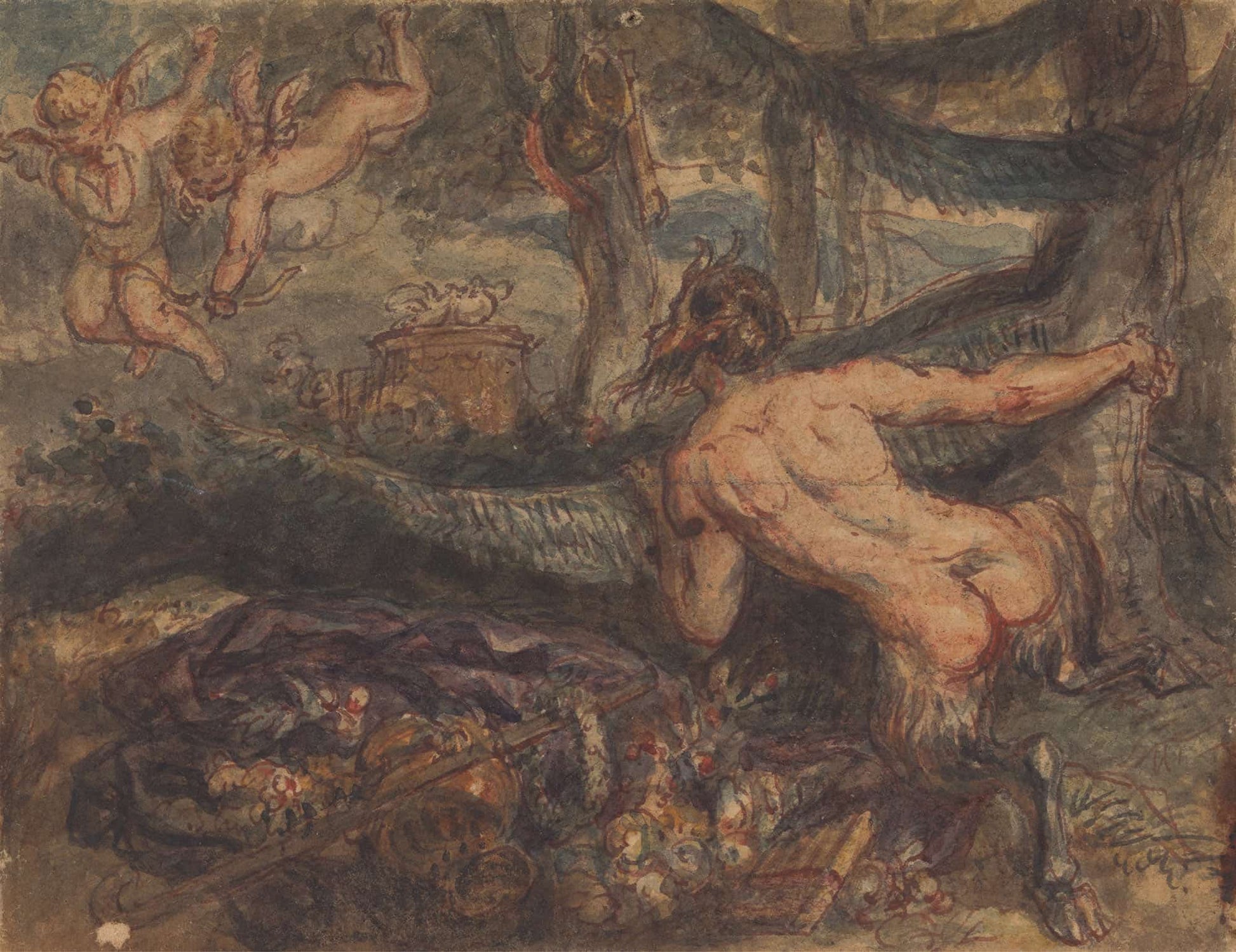 Pan Spying From Behind A Tree At Putti Shooting Arrows by Robert Smirke