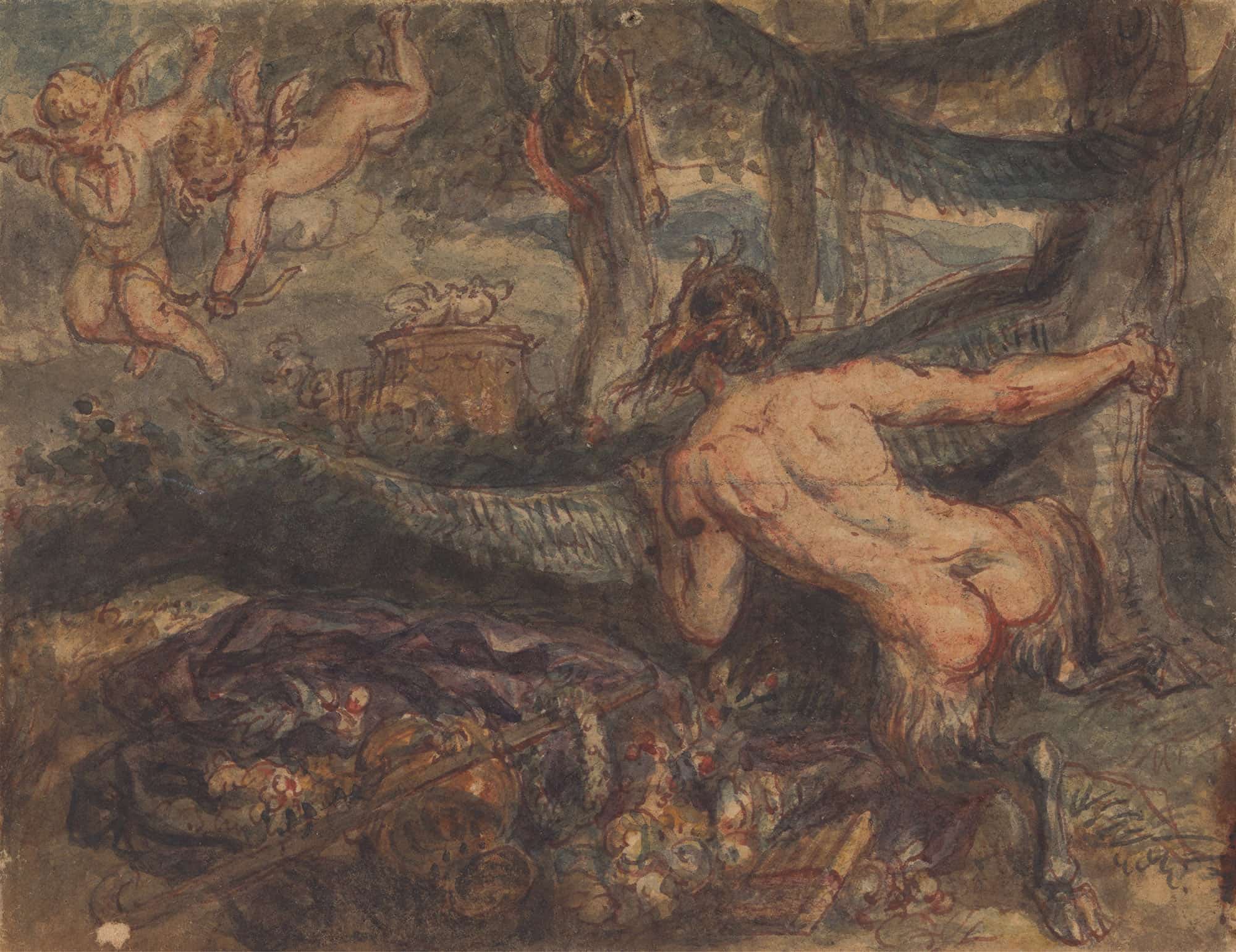 Pan Spying From Behind A Tree At Putti Shooting Arrows by Robert Smirke