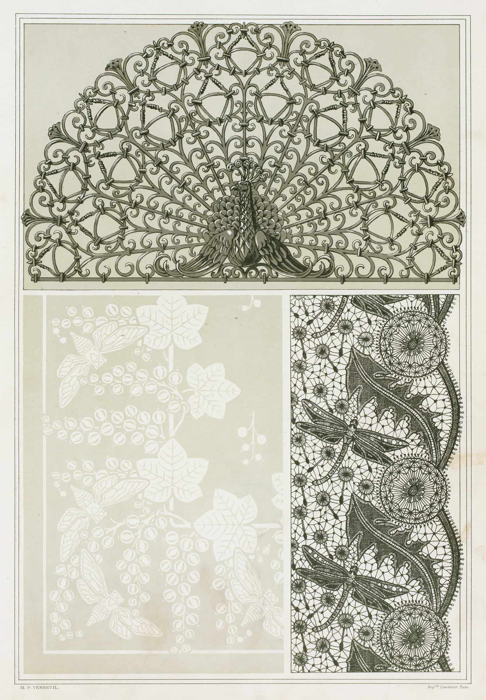 Paon Grille Fer Forge Cigales Et Groseiller Linge Damasse Libellules Et Pissenlit Dentelle by Maurice Pillard Verneuil