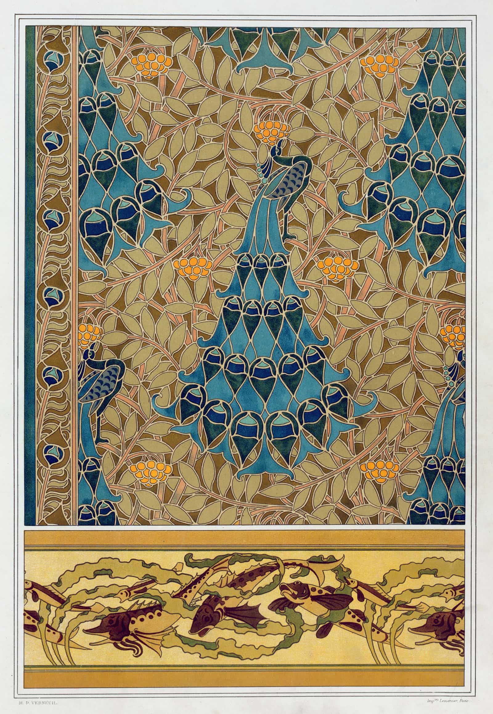 Paons Dans Les Sorbiers Pochoir Poissons Et Algues Bordure by Maurice Pillard Verneuil