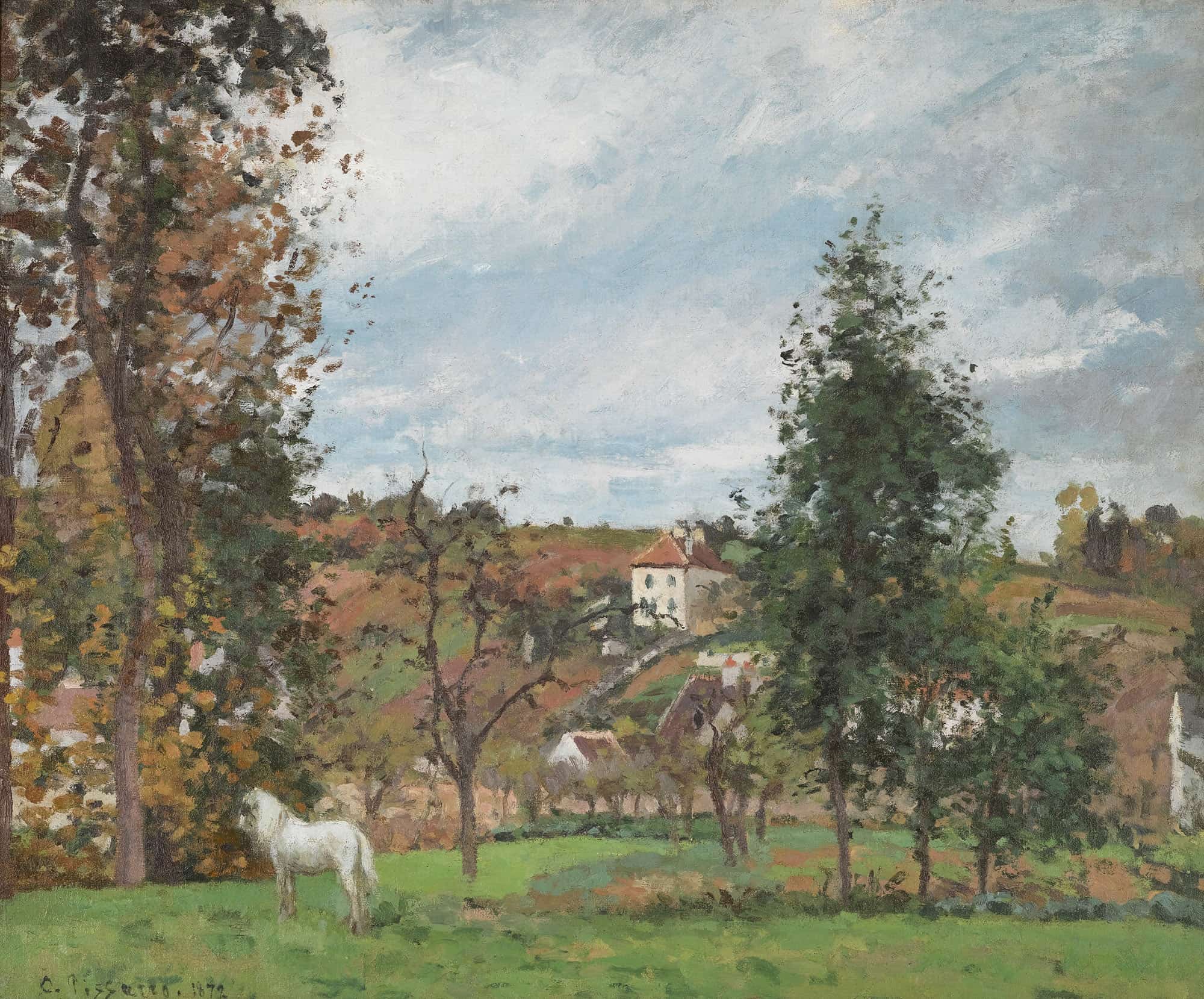 Paysage Avec Cheval Blanc Dans Un Pre Lhermitage Pontoise by Camille Pissarro