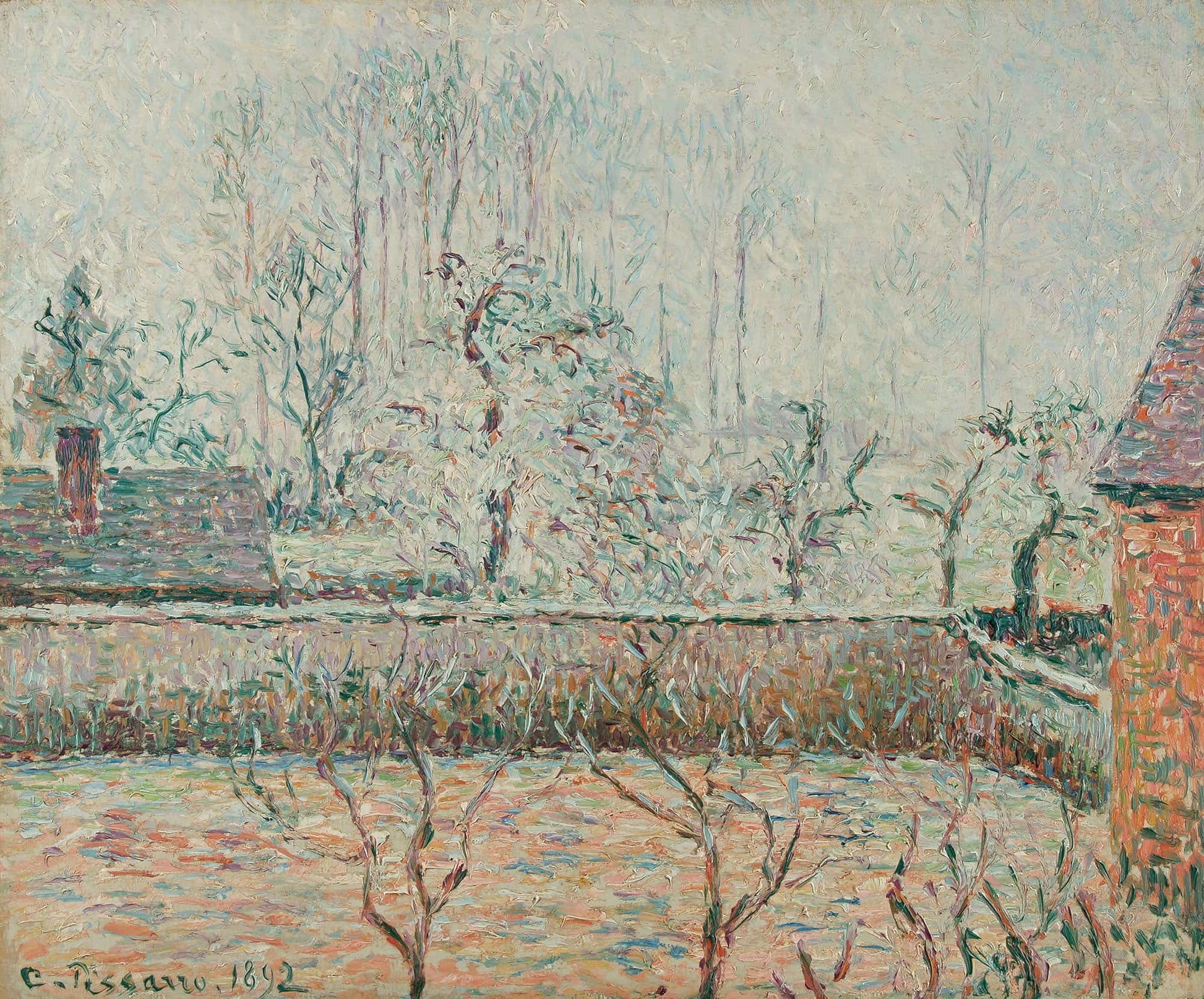 Paysage Avec Maisons Et Mur De Cloture Givre Et Brume Eragny by Camille Pissarro