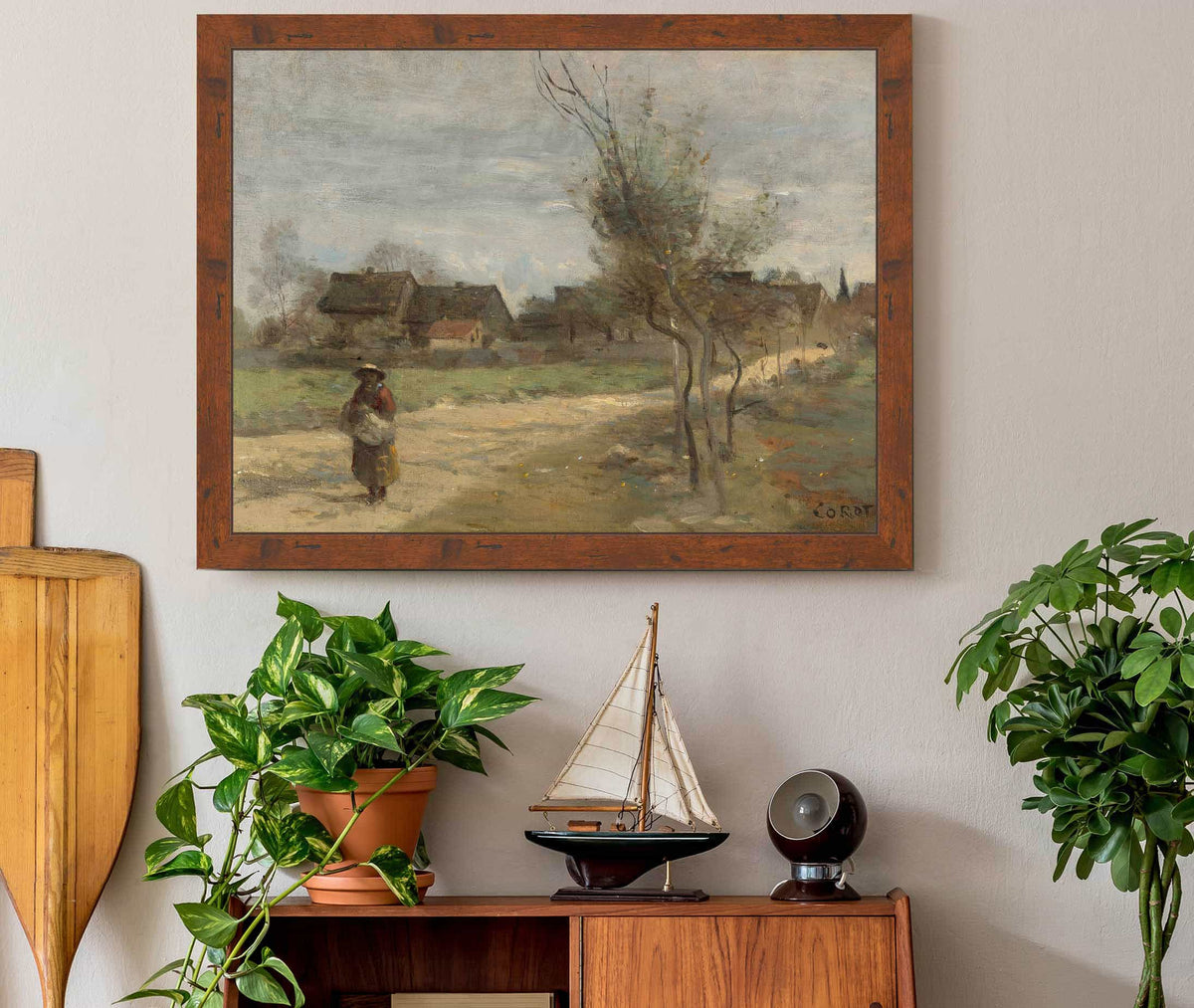 Paysanne Sur Une Route En Vue Dun Village by Jean Baptiste Camille Corot