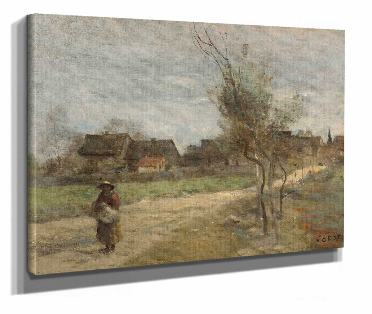 Paysanne Sur Une Route En Vue Dun Village by Jean Baptiste Camille Corot