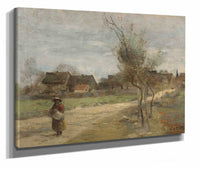 Paysanne Sur Une Route En Vue Dun Village by Jean Baptiste Camille Corot