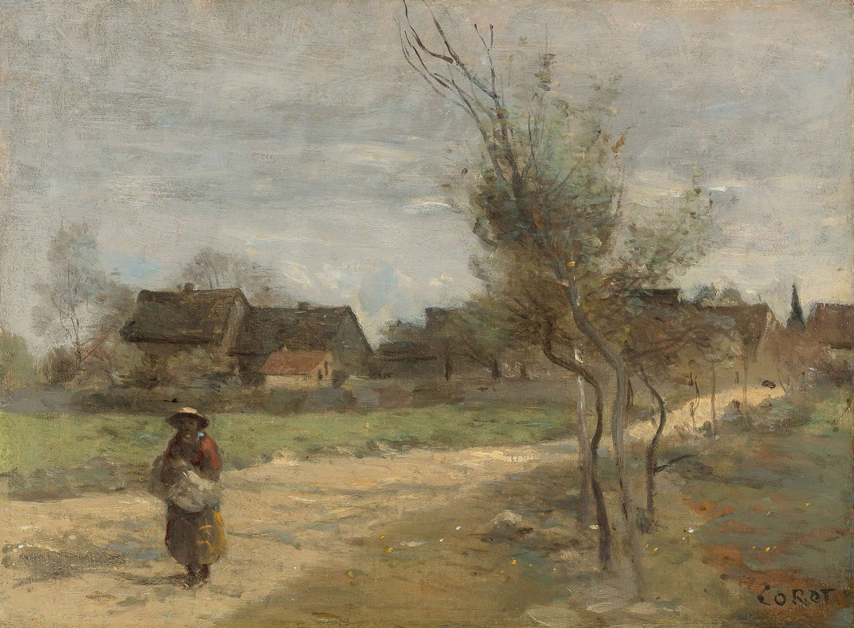 Paysanne Sur Une Route En Vue Dun Village by Jean Baptiste Camille Corot