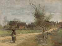 Paysanne Sur Une Route En Vue Dun Village by Jean Baptiste Camille Corot