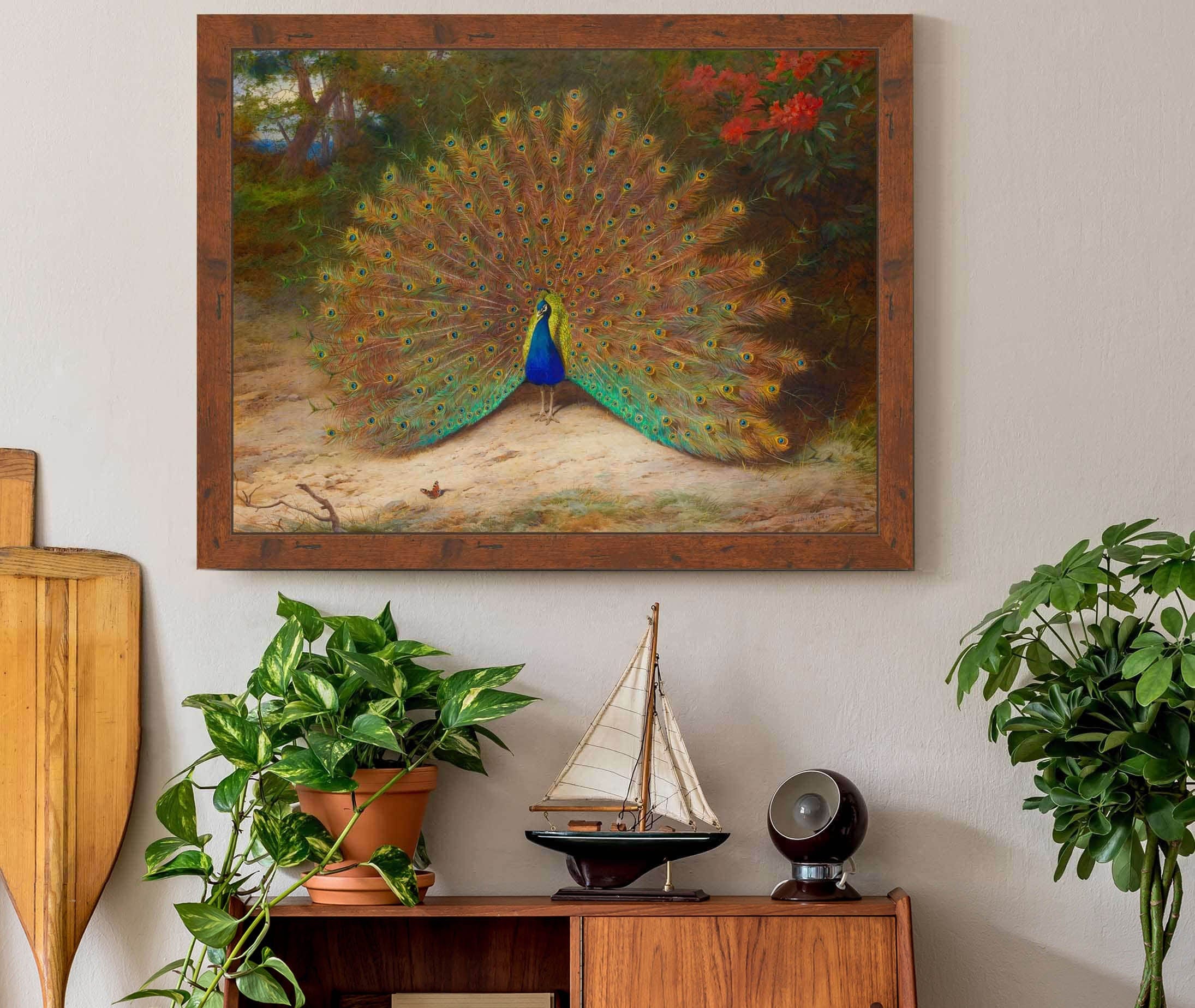 Peacock And Peacock Butterfly by Archibald Thorburn