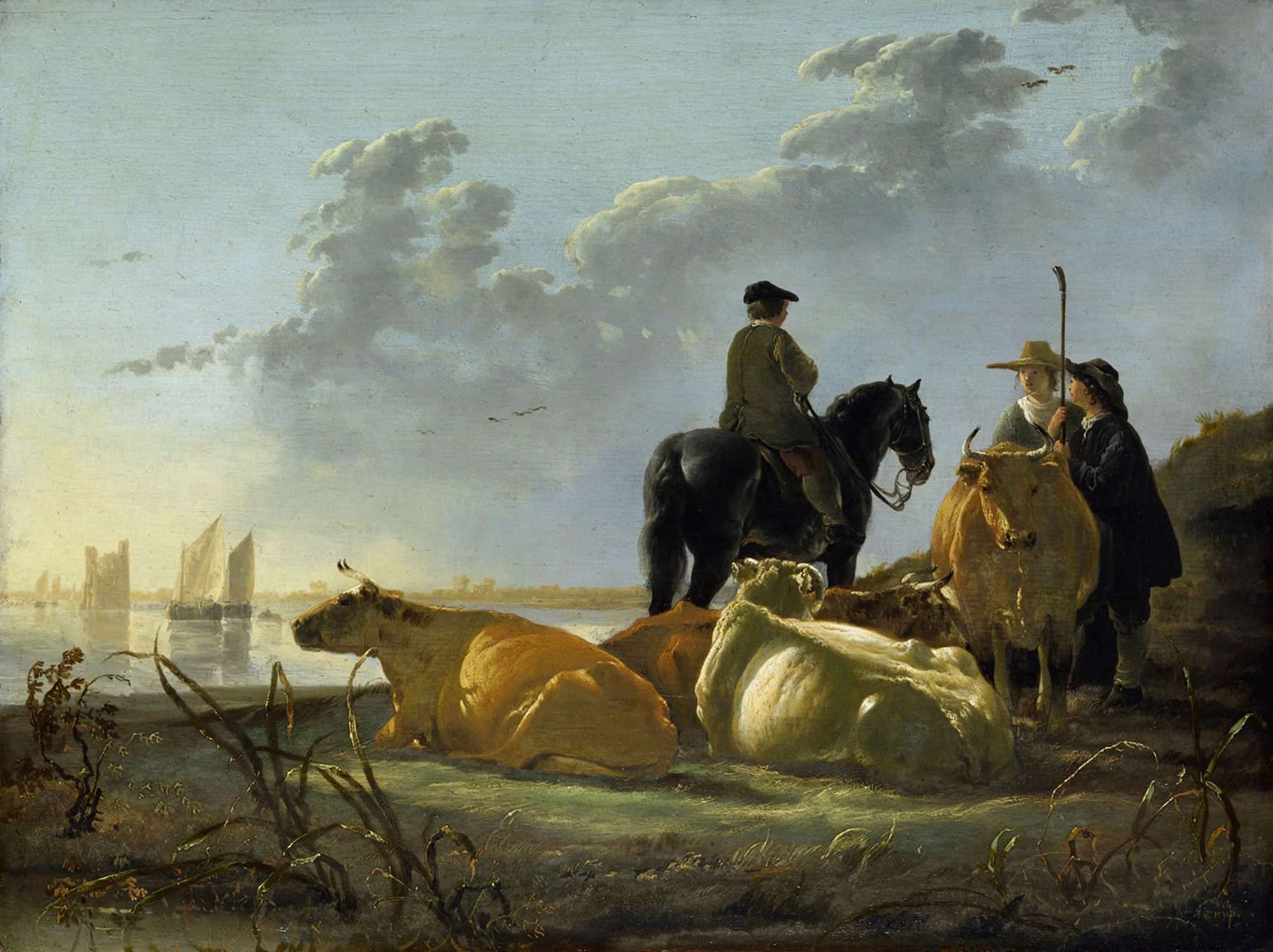 Peasants And Cattle By The River Merwede by Aelbert Cuyp