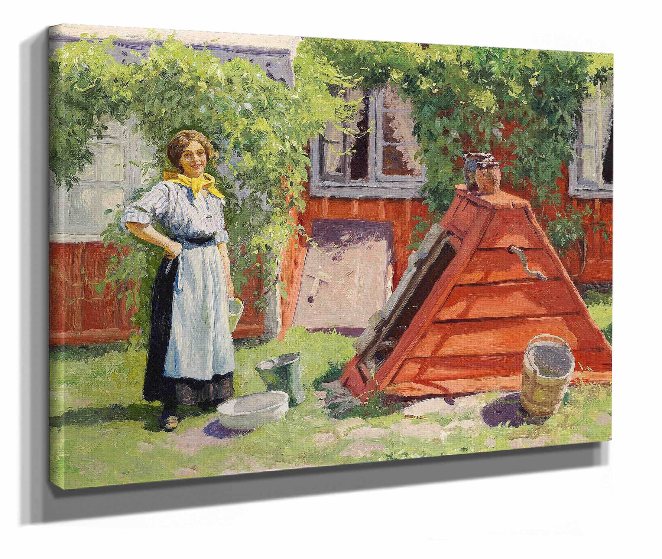 Pige Ved En Brond Ud For Et Rodmalet Svensk Traehus by Paul Fischer