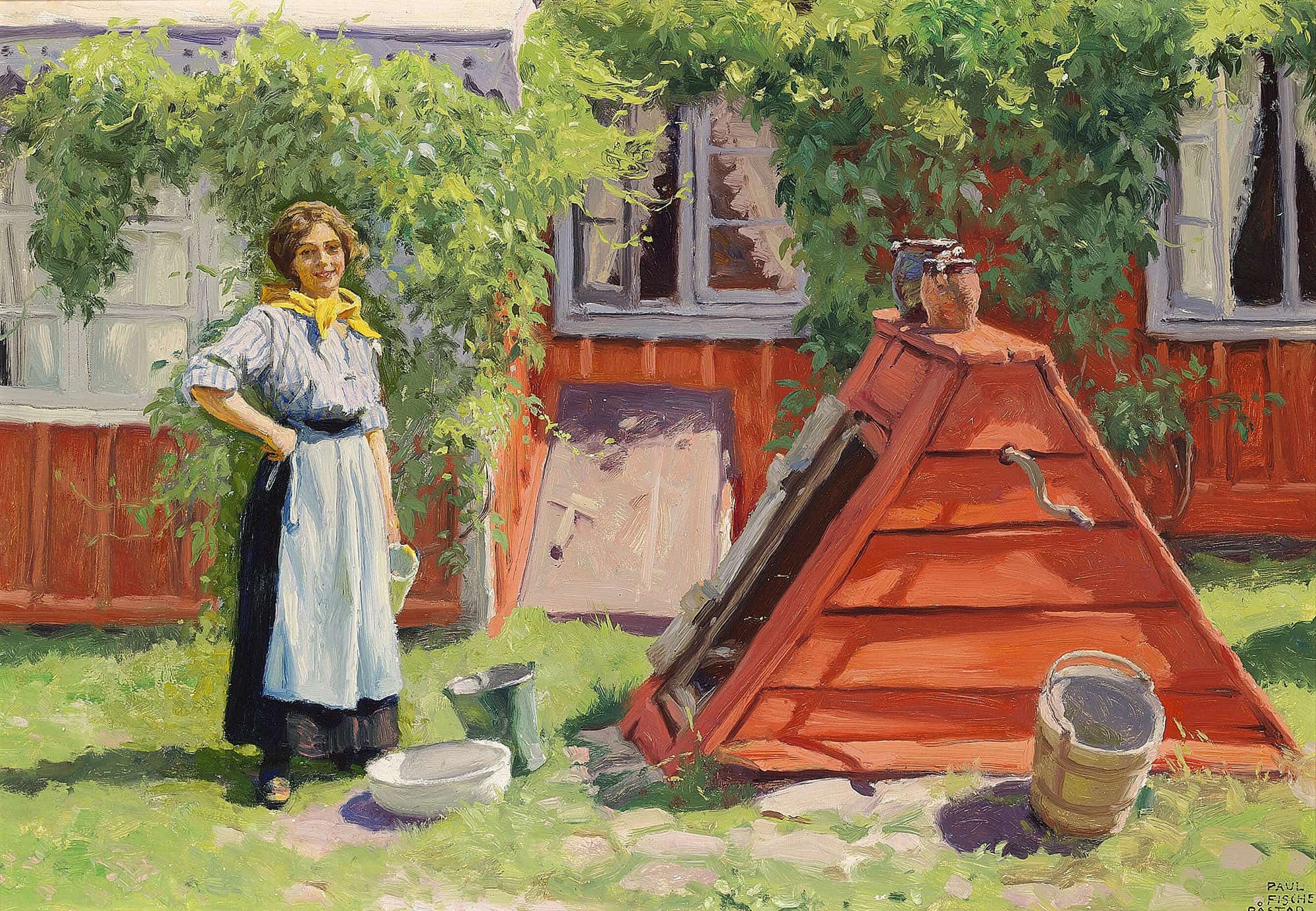 Pige Ved En Brond Ud For Et Rodmalet Svensk Traehus by Paul Fischer