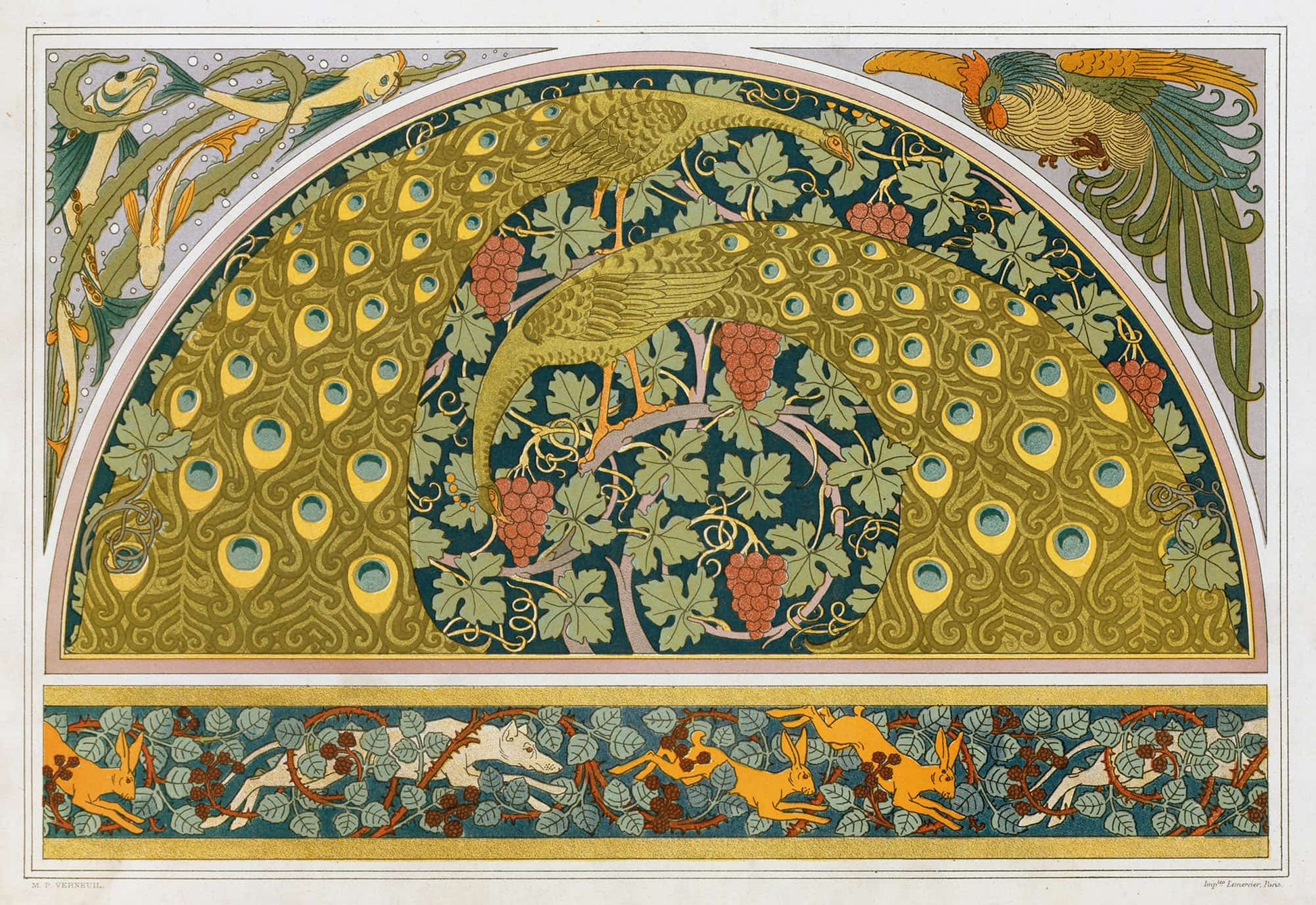 Poissons Et Algues Coq Ecoincon Paons Et Vigne Lievres Chiens Et Ronces Bordure by Maurice Pillard Verneuil