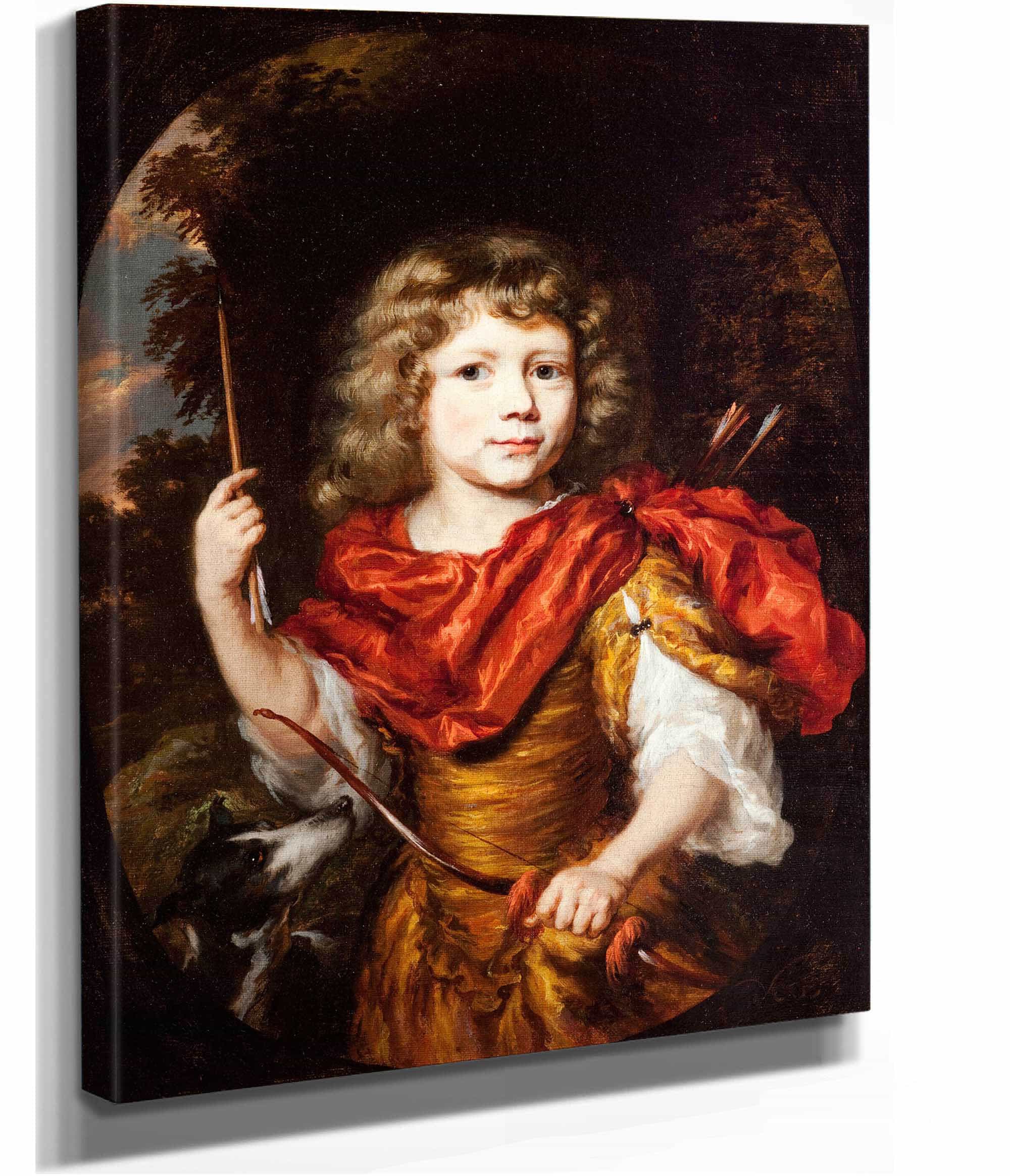 Portrait Of A Boy With A Bow And A Dog Amor by Nicolaes Maes