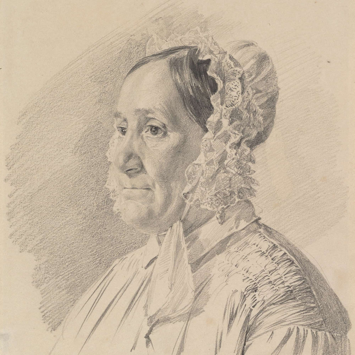 Portrait Of A Woman In A Lace Bonnet In Three Quarter Profile To The Left Mid Th Century by Ferdinand Georg Waldmuller