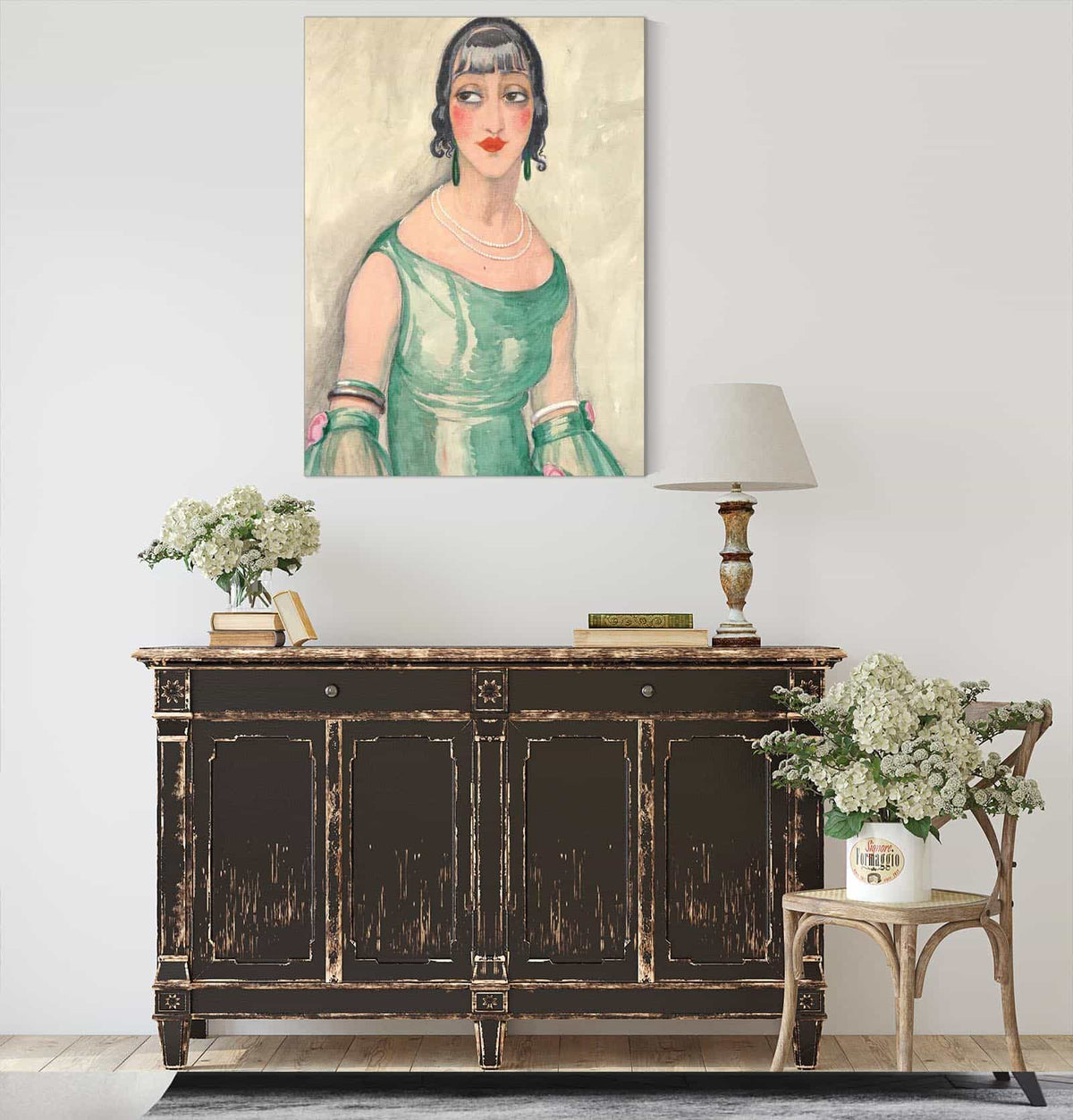 Portrait Of A Woman In Green Dress And Pearls by Gerda Wegener