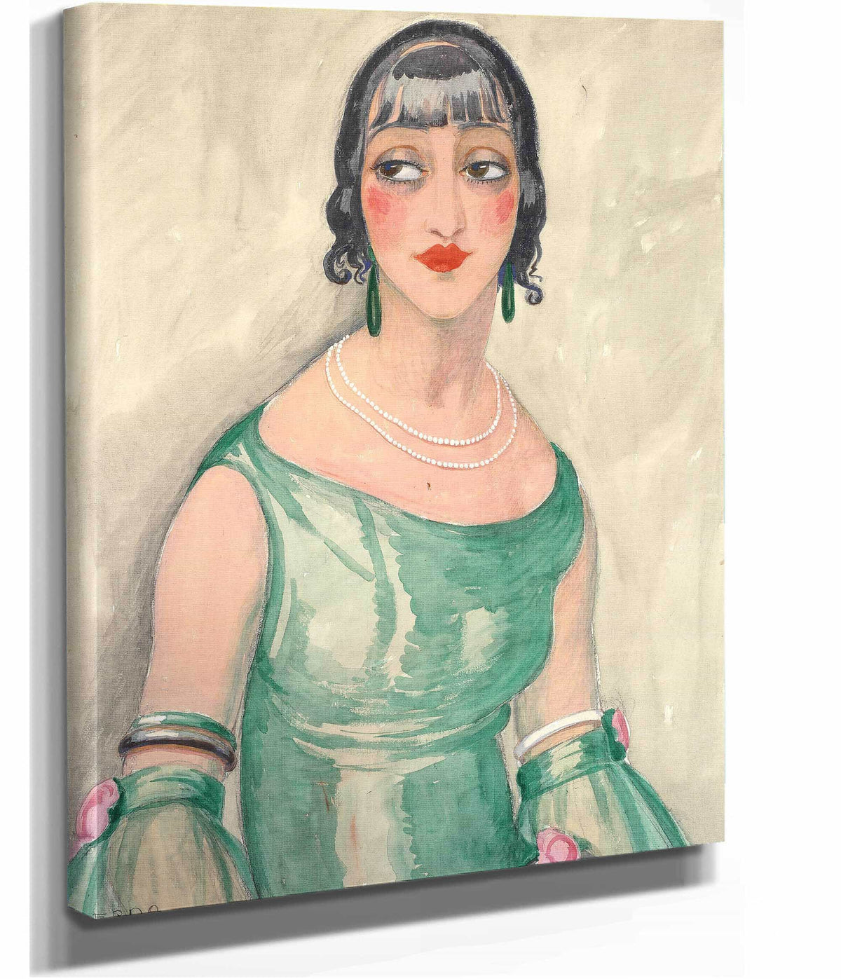 Portrait Of A Woman In Green Dress And Pearls by Gerda Wegener