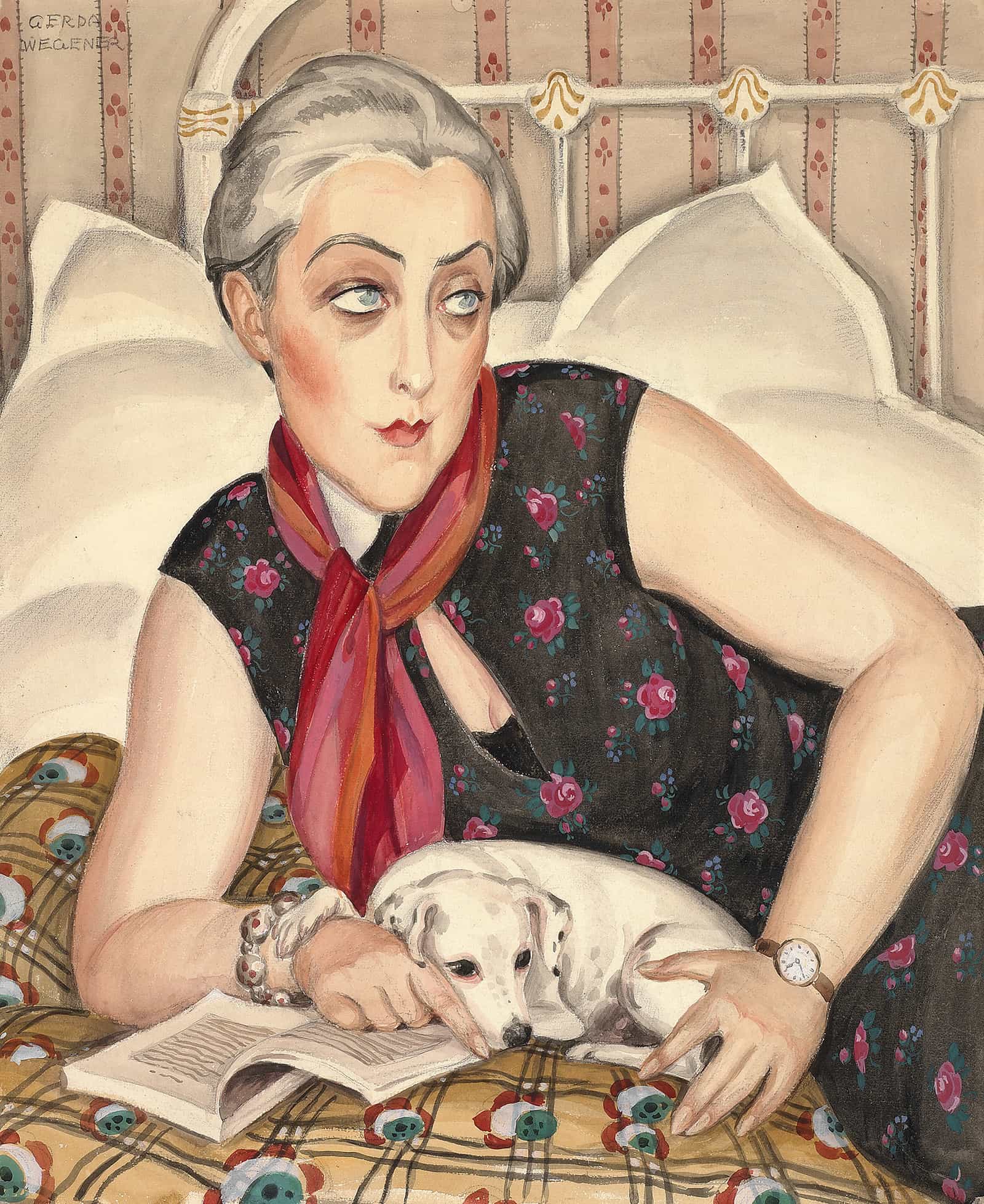 Portrait Of A Woman Reading With A Dog by Gerda Wegener