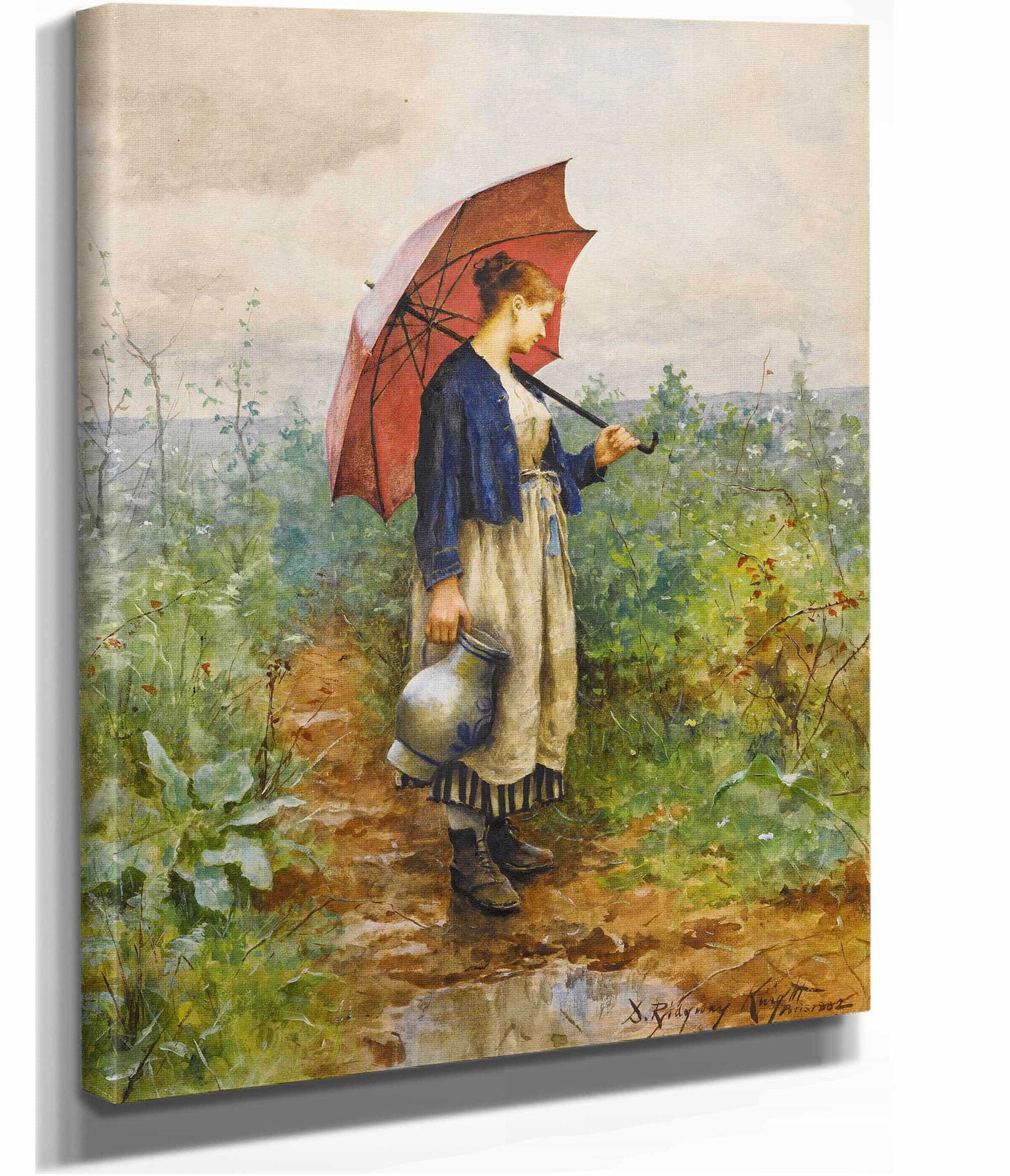 Portrait Of A Woman With Umbrella Gathering Water by Daniel Ridgway Knight