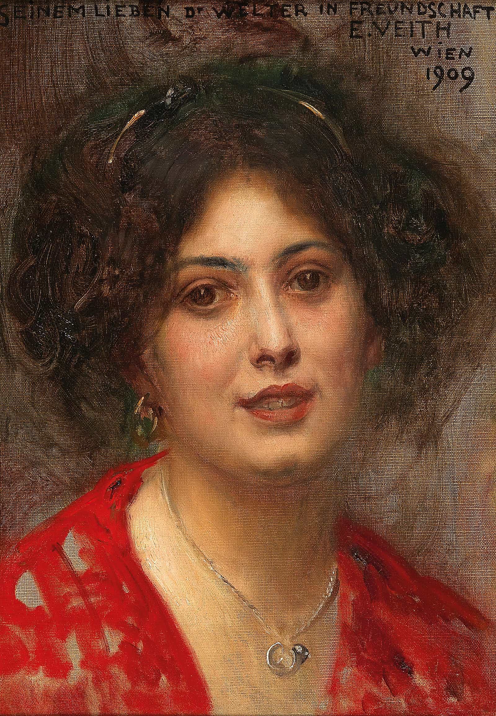 Portrait Of A Young Woman In A Red Dress by Eduard Veith