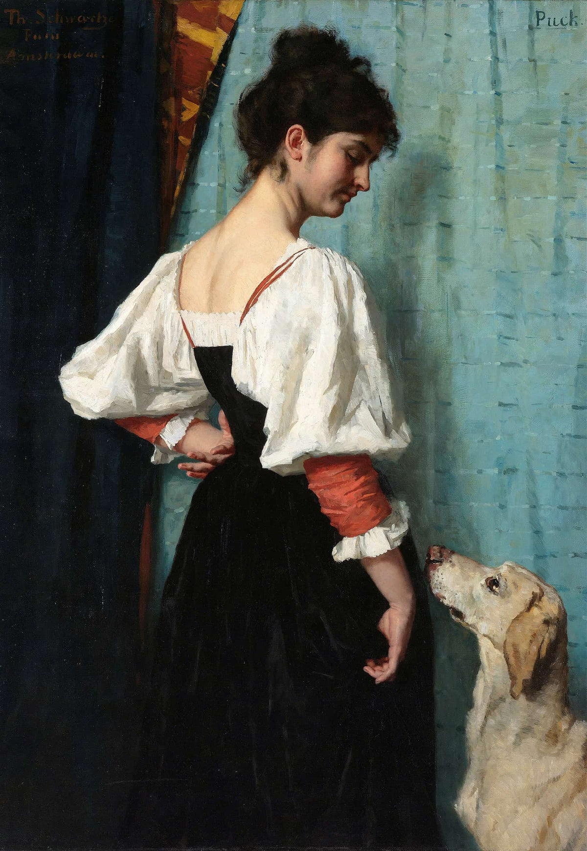 Portrait Of A Young Woman With Puck The Dog C by Therese Schwartze