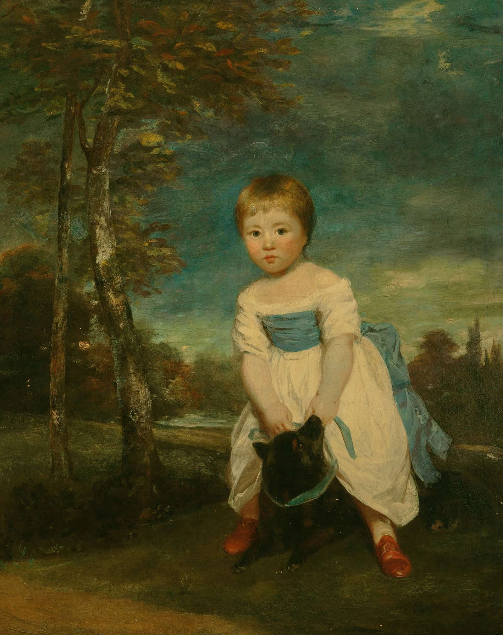 Portrait Of Master William Cavendish Standing Astride A Black Dog In A Landscape by Sir Joshua Reynolds