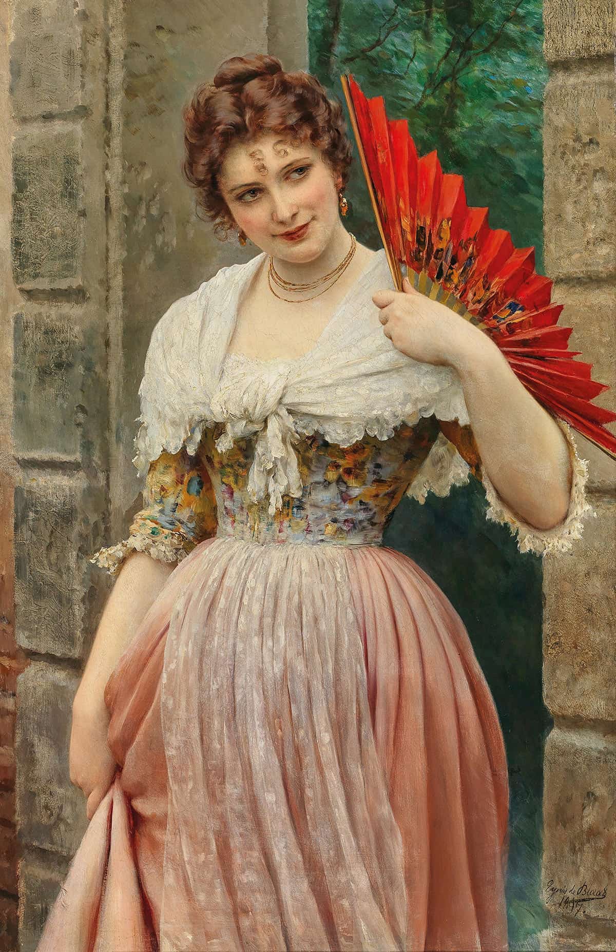A Young Lady With A Red Fan by Eugen Von Blaas Posters, Prints, & Visual Artwork