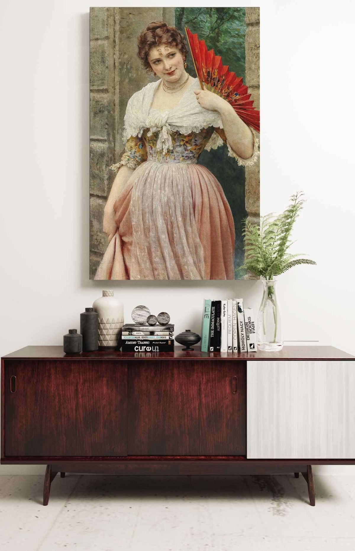 A Young Lady With A Red Fan by Eugen Von Blaas Posters, Prints, & Visual Artwork