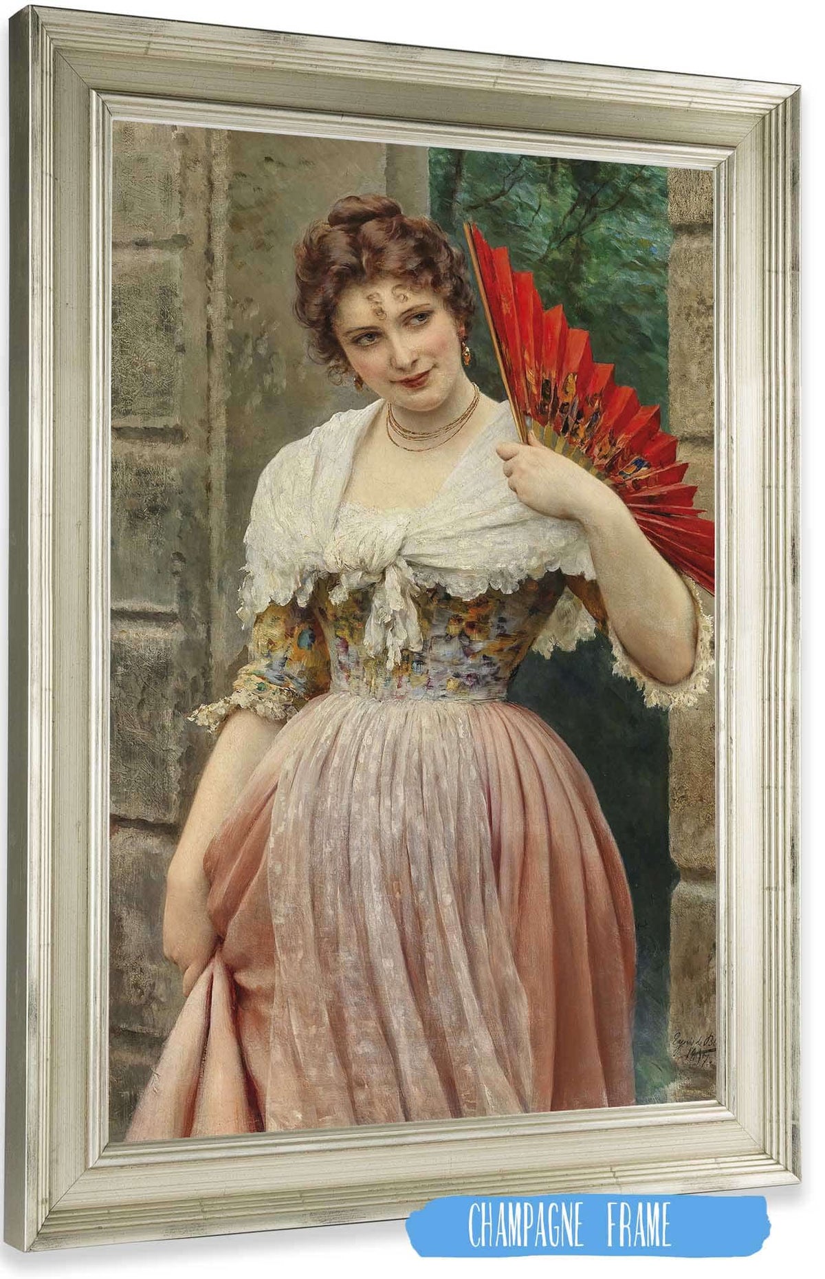 A Young Lady With A Red Fan by Eugen Von Blaas Posters, Prints, & Visual Artwork