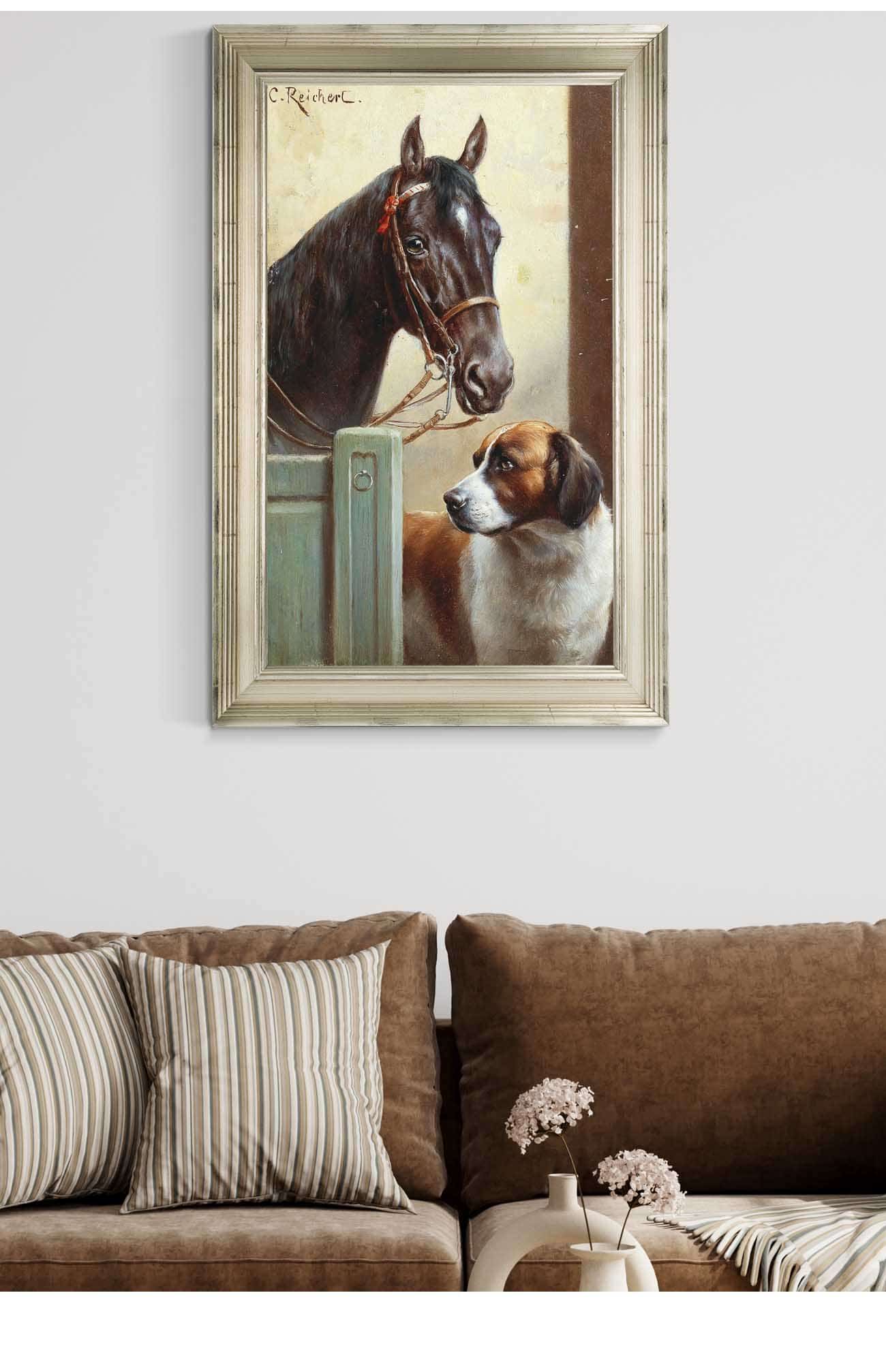 Friends A Bay And A St Bernard In A Stable by Carl Reichert Posters, Prints, & Visual Artwork