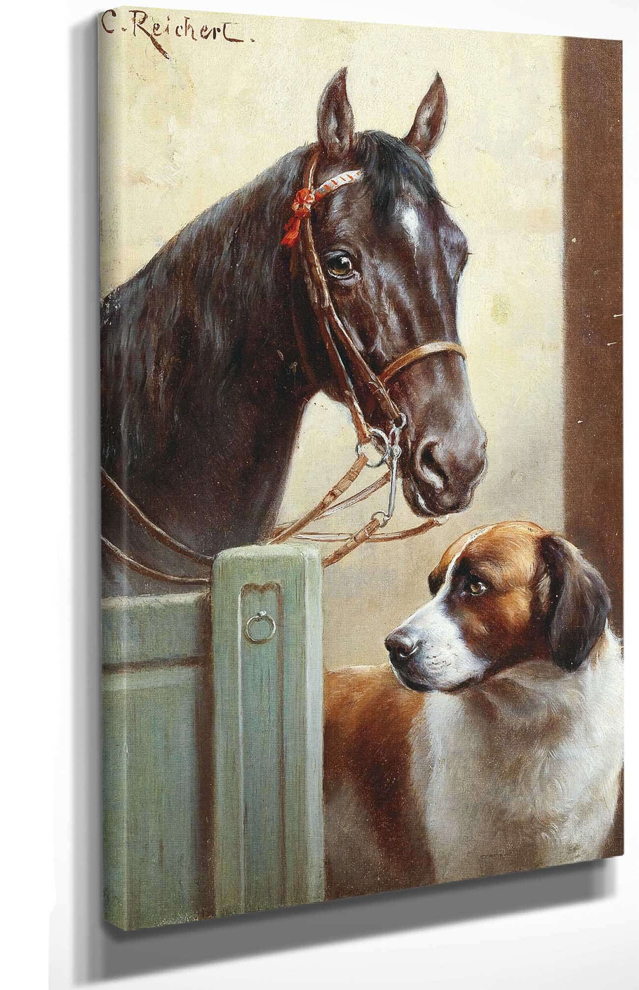 Friends A Bay And A St Bernard In A Stable by Carl Reichert Posters, Prints, & Visual Artwork