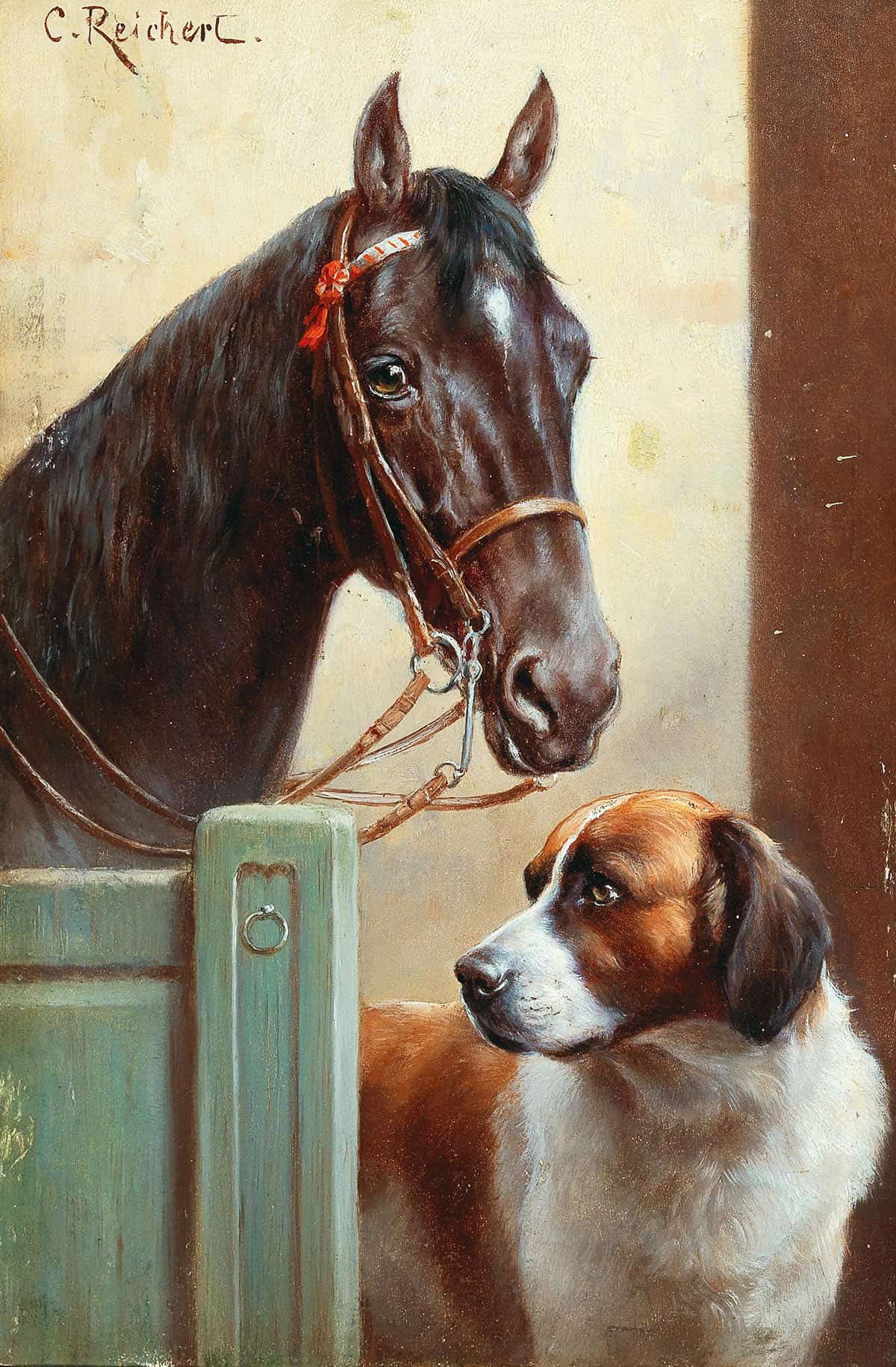 Friends A Bay And A St Bernard In A Stable by Carl Reichert Posters, Prints, & Visual Artwork