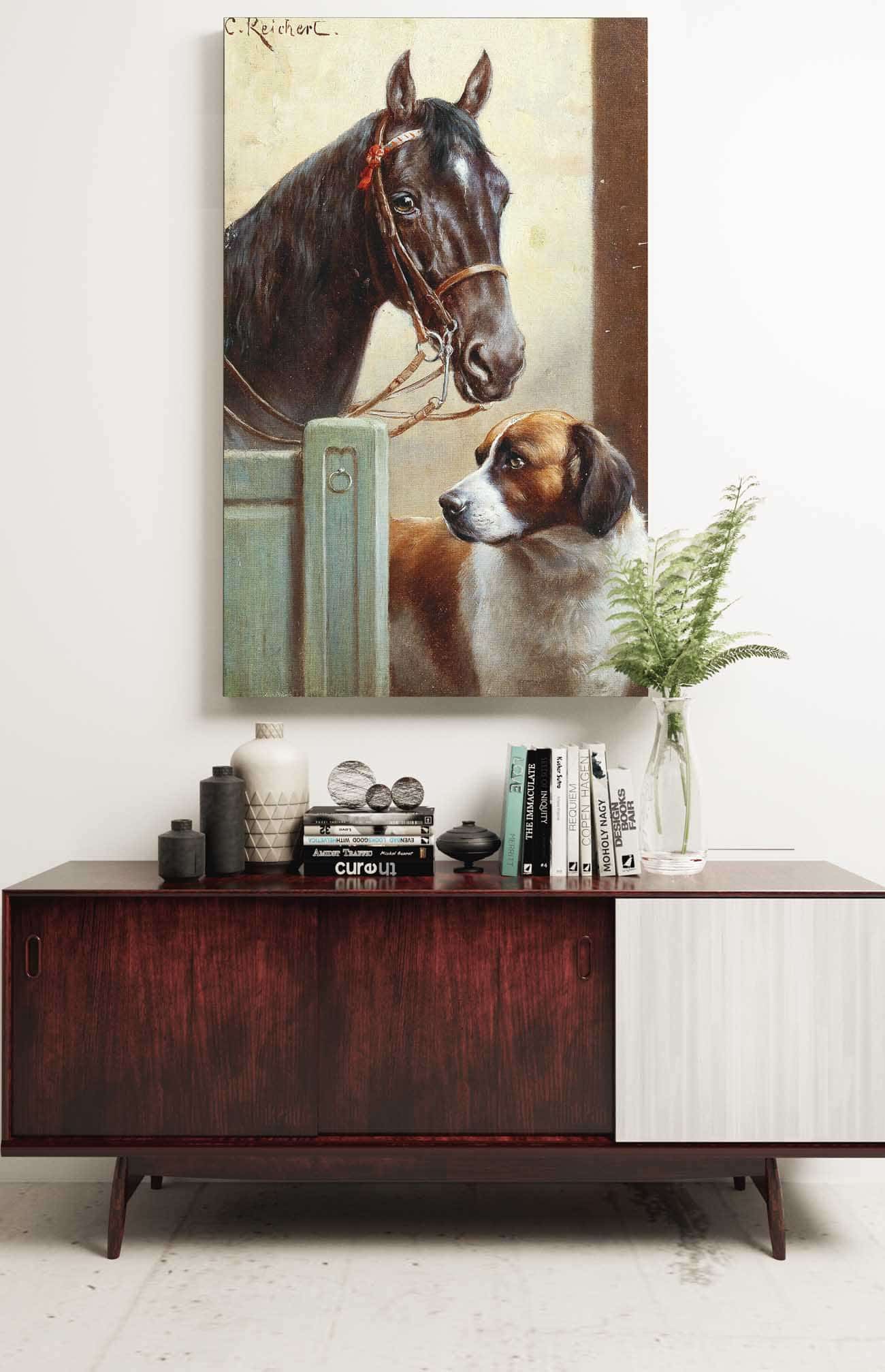 Friends A Bay And A St Bernard In A Stable by Carl Reichert Posters, Prints, & Visual Artwork