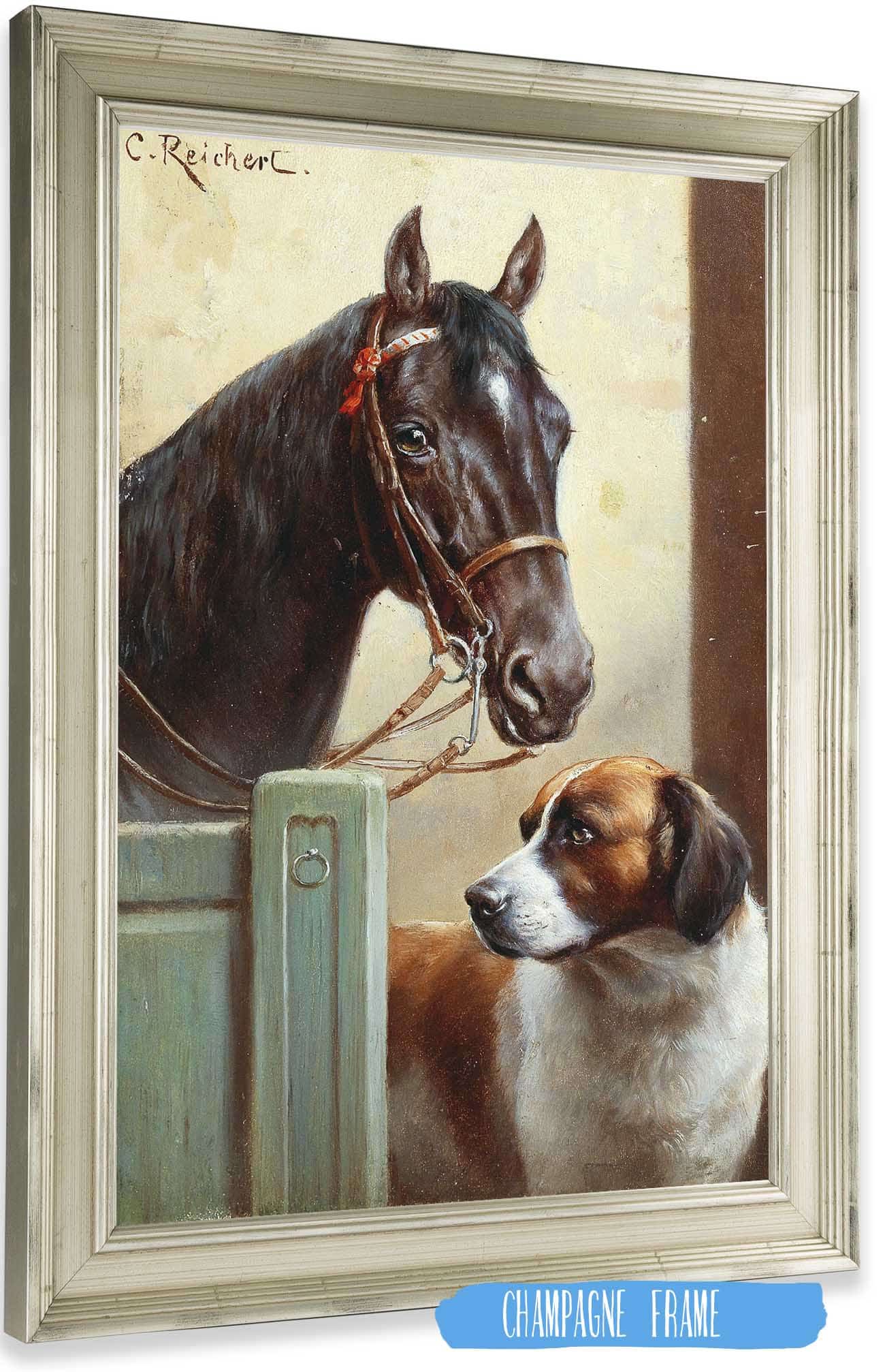 Friends A Bay And A St Bernard In A Stable by Carl Reichert Posters, Prints, & Visual Artwork