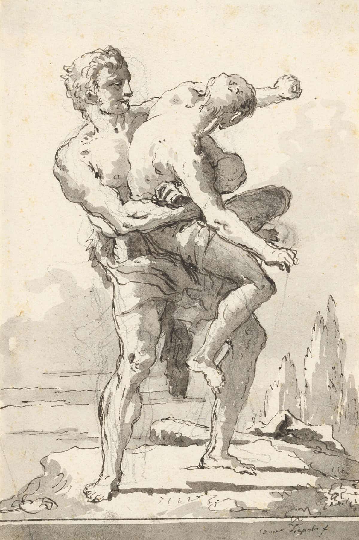 Hercules And Antaeus With A Ledge Below Late Th Century by Giovanni Domenico Tiepolo Posters, Prints, & Visual Artwork