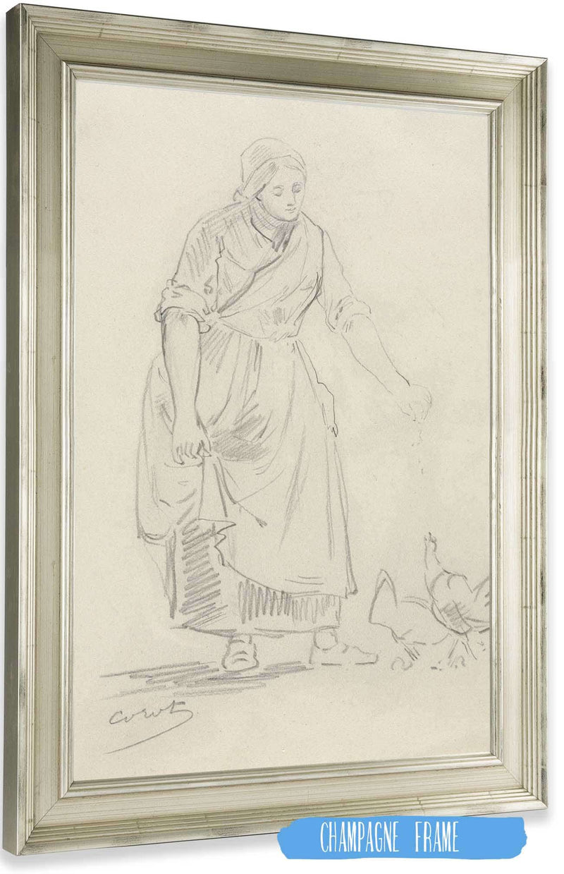 Peasant Girl Feeding Chickens S by Jean Baptiste Camille Corot Posters, Prints, & Visual Artwork