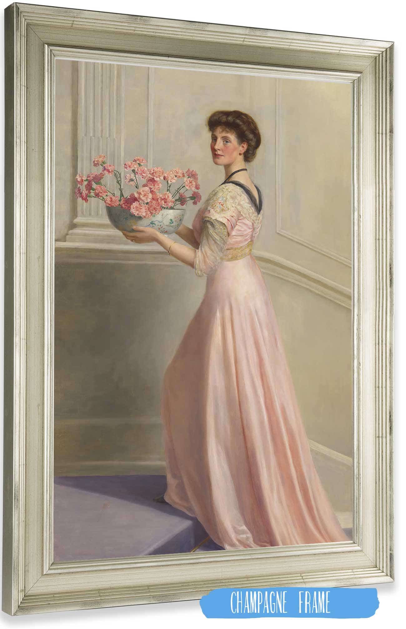 Portrait Of A Lady In Pink Carrying A Bowl Of Pink Carnations by John Collier Posters, Prints, & Visual Artwork