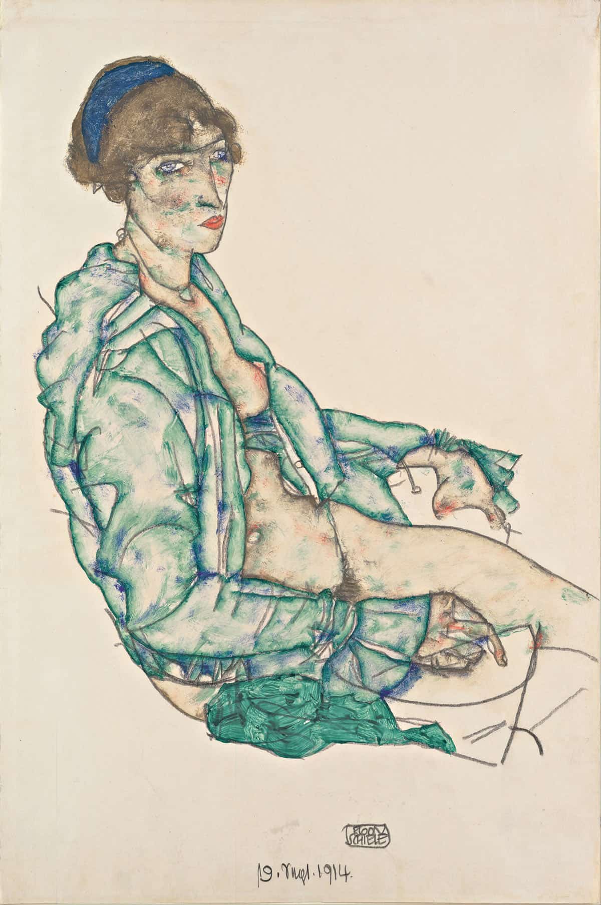 Sitting Semi Nude With Blue Hairband by Egon Schiele Posters, Prints, & Visual Artwork