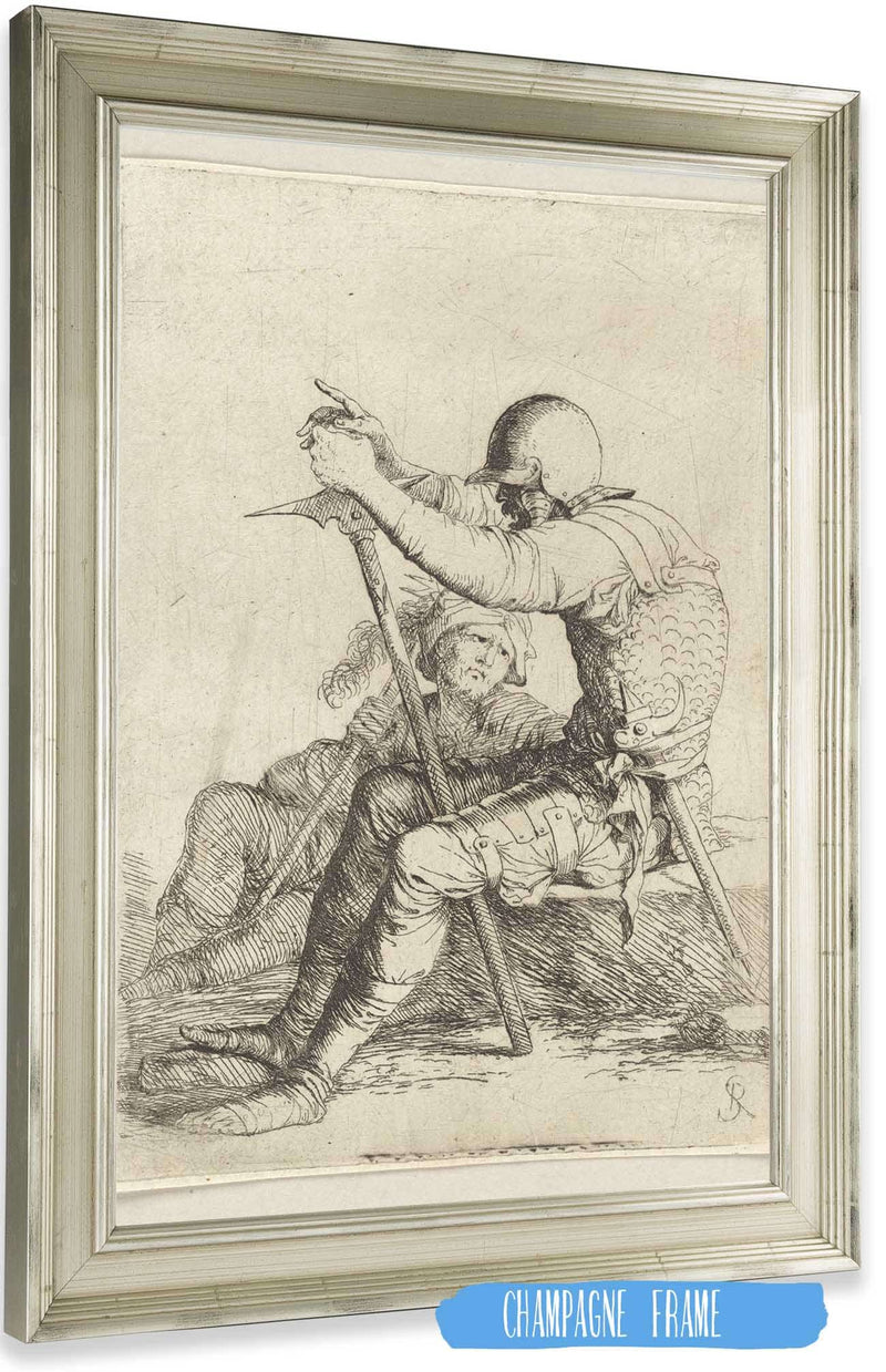 Two Soldiers Seated One On A Stone The Other On The Ground  by Salvator Rosa Posters, Prints, & Visual Artwork