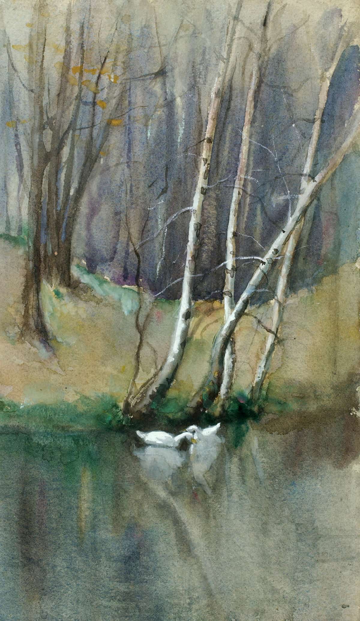 Untitled Wood Scene With Birch Trees And Ducks by Edward Mitchell Bannister Posters, Prints, & Visual Artwork