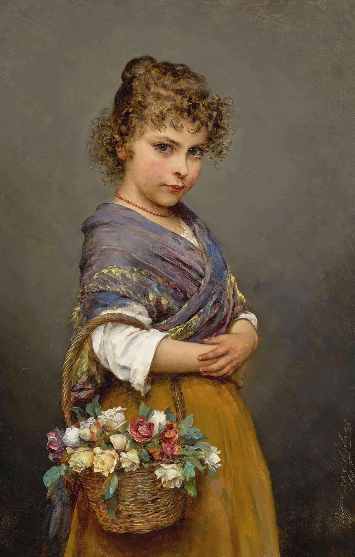 Young Girl With A Basket Of Flowers by Eugen Von Blaas Posters, Prints, & Visual Artwork