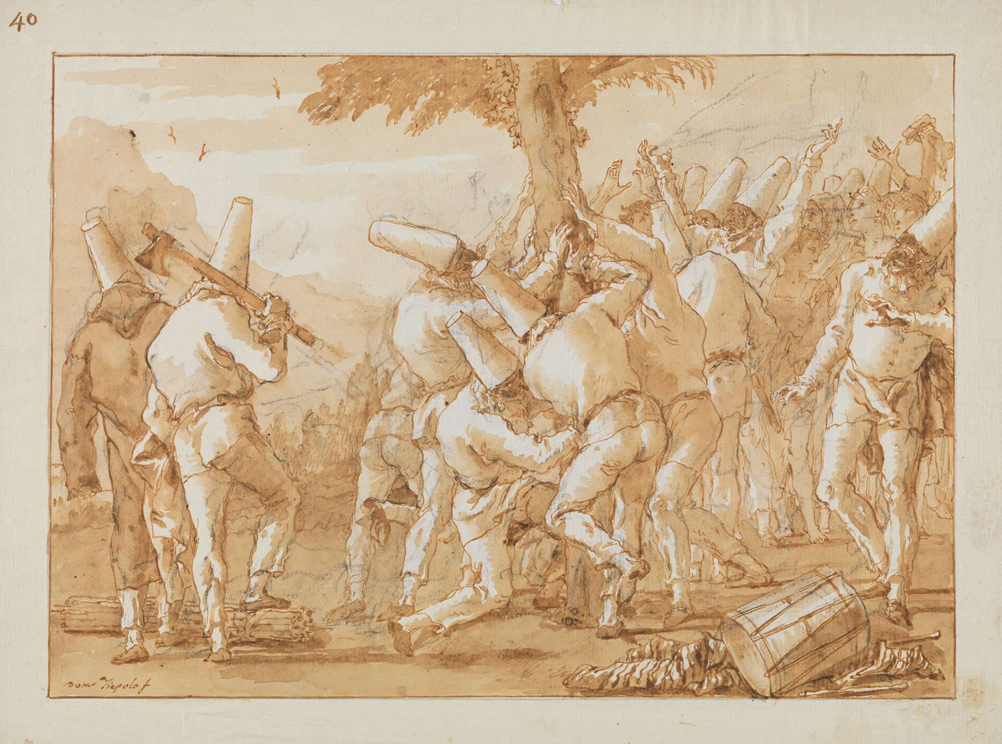 Punchinellos Felling Or Planting A Tree Late Th Early Th Century by Giovanni Domenico Tiepolo
