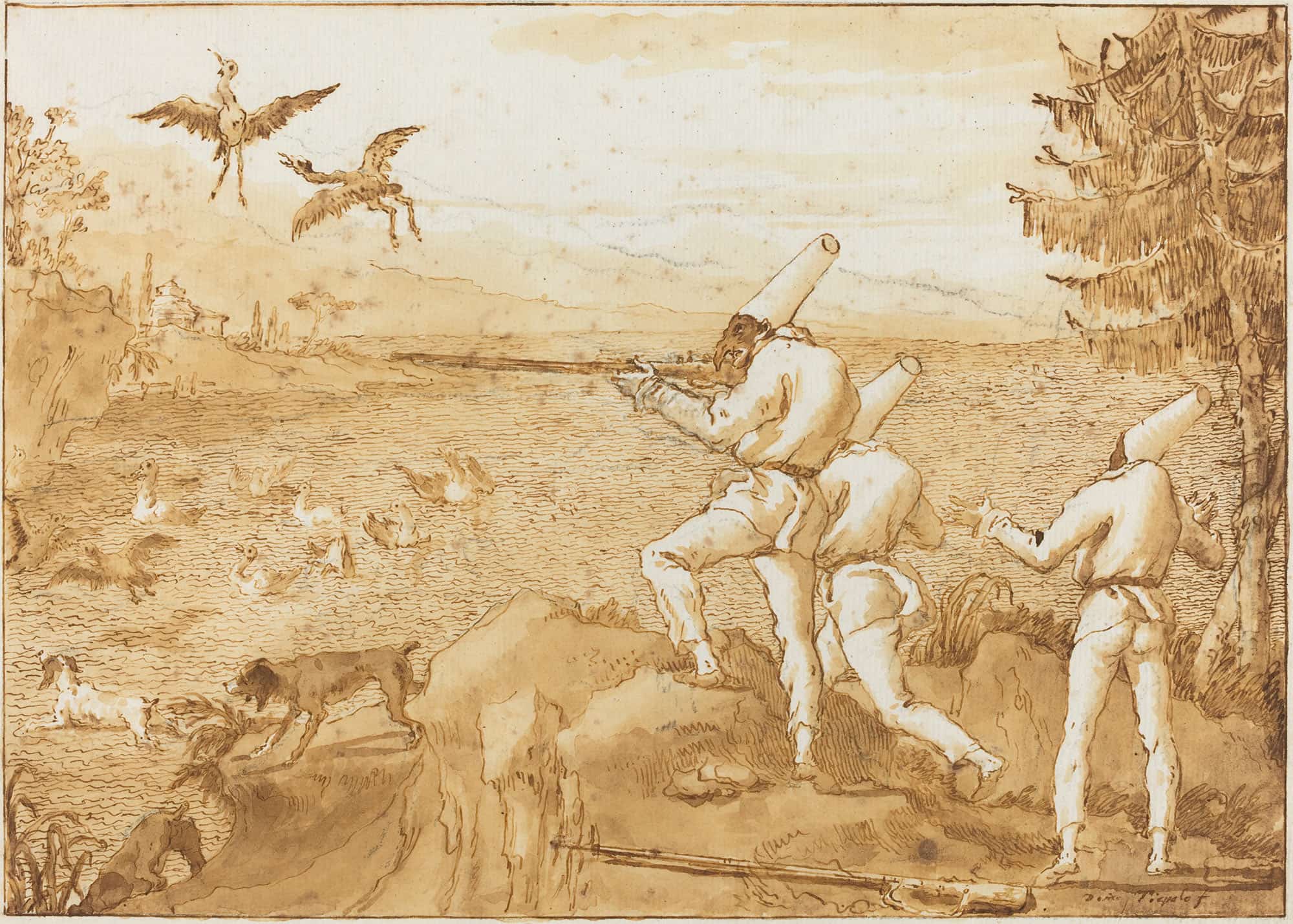 Punchinellos Hunting Waterfowl by Giovanni Domenico Tiepolo
