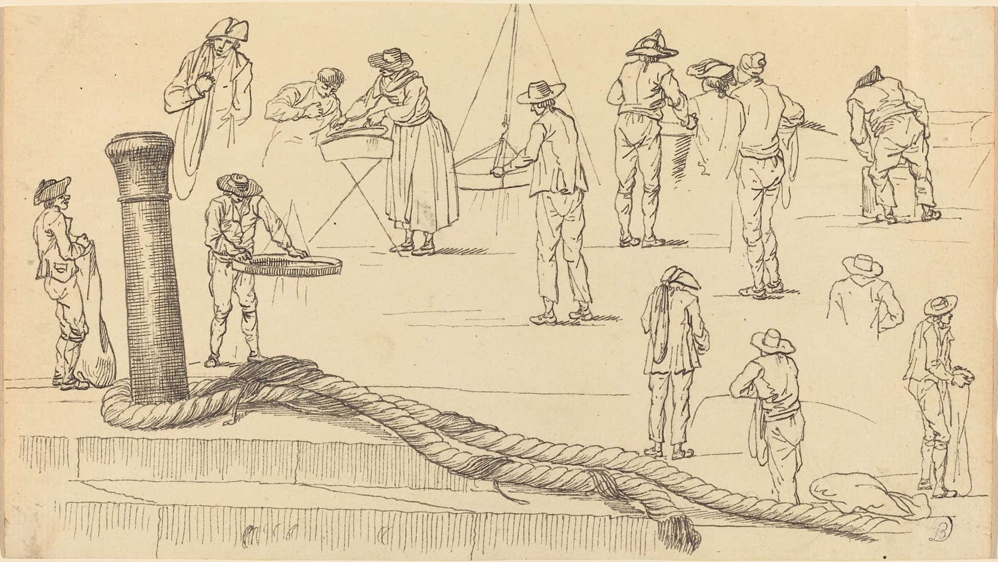 Quayside Figures And A Length Of Rope Attached To A Bollard by Claude Joseph Vernet