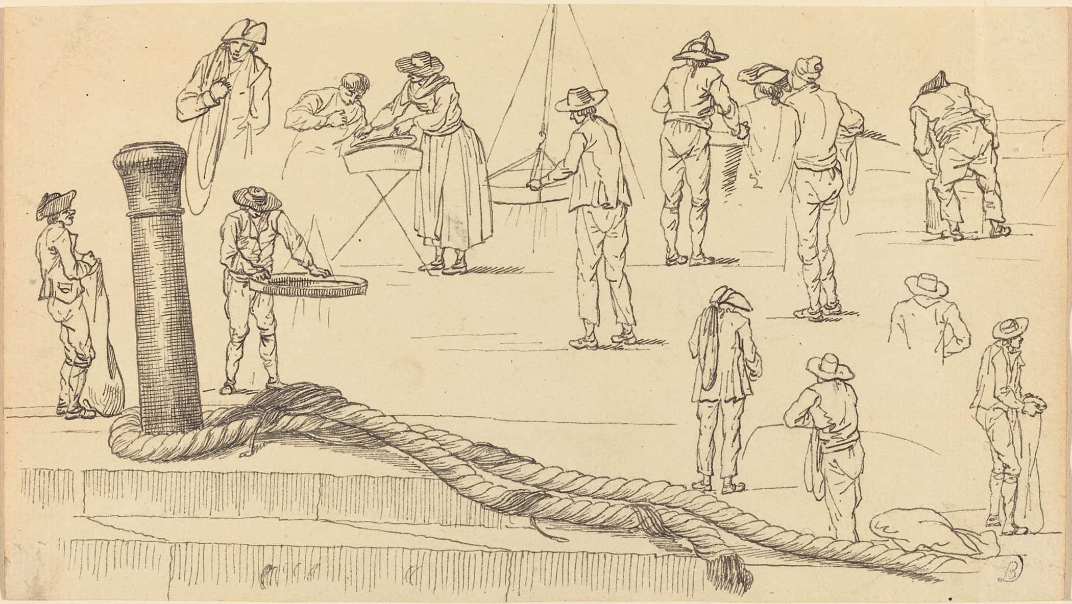 Quayside Figures And A Length Of Rope Attached To A Bollard by Claude Joseph Vernet