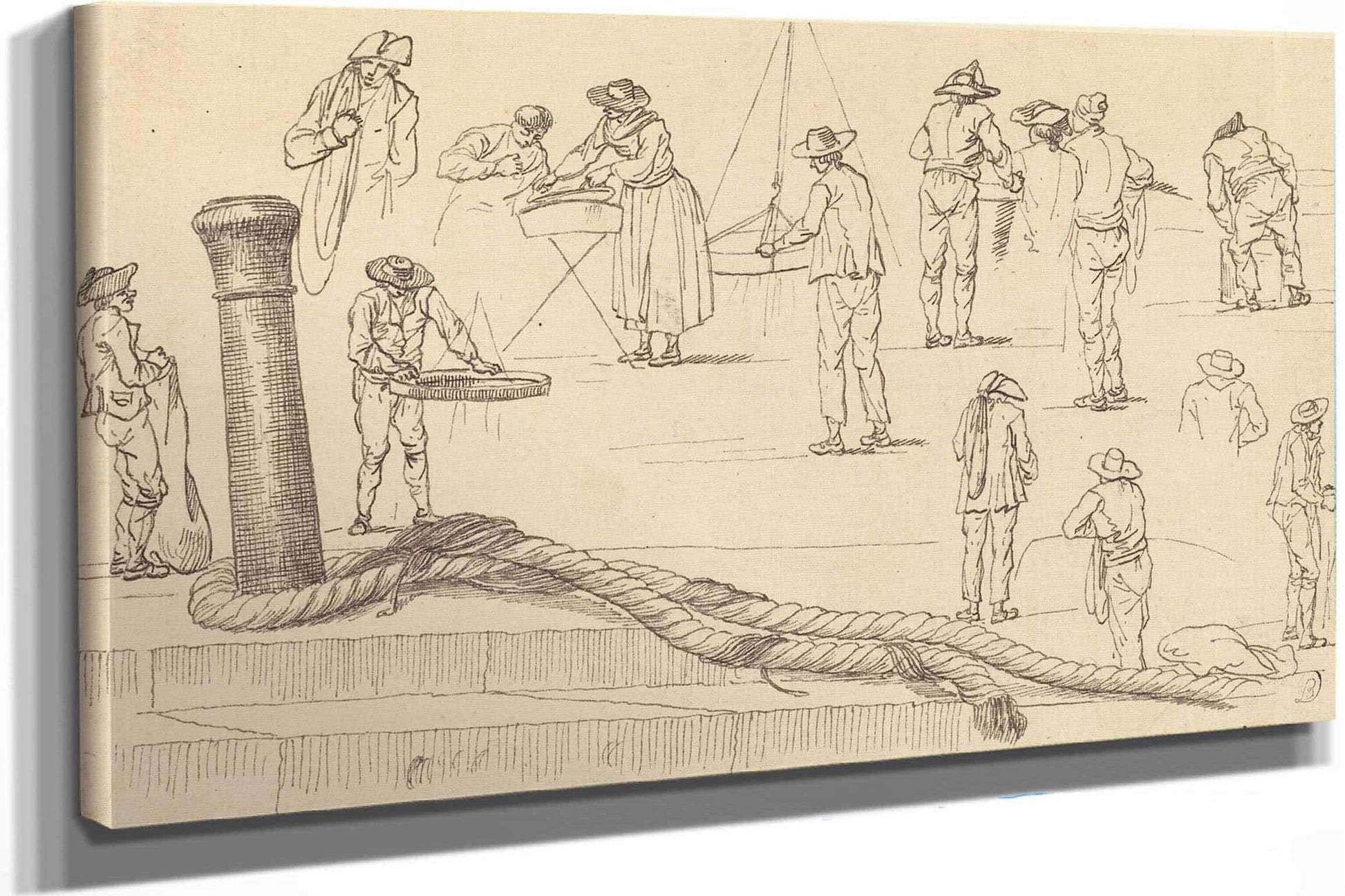 Quayside Figures And A Length Of Rope Attached To A Bollard by Claude Joseph Vernet