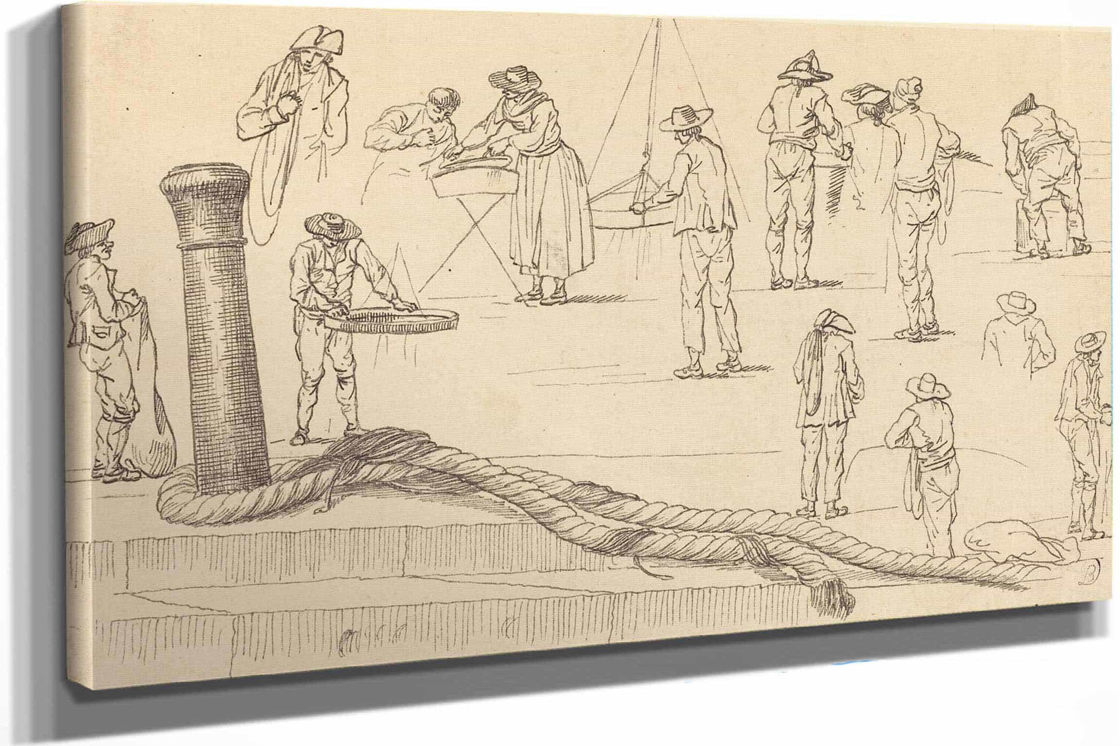 Quayside Figures And A Length Of Rope Attached To A Bollard by Claude Joseph Vernet
