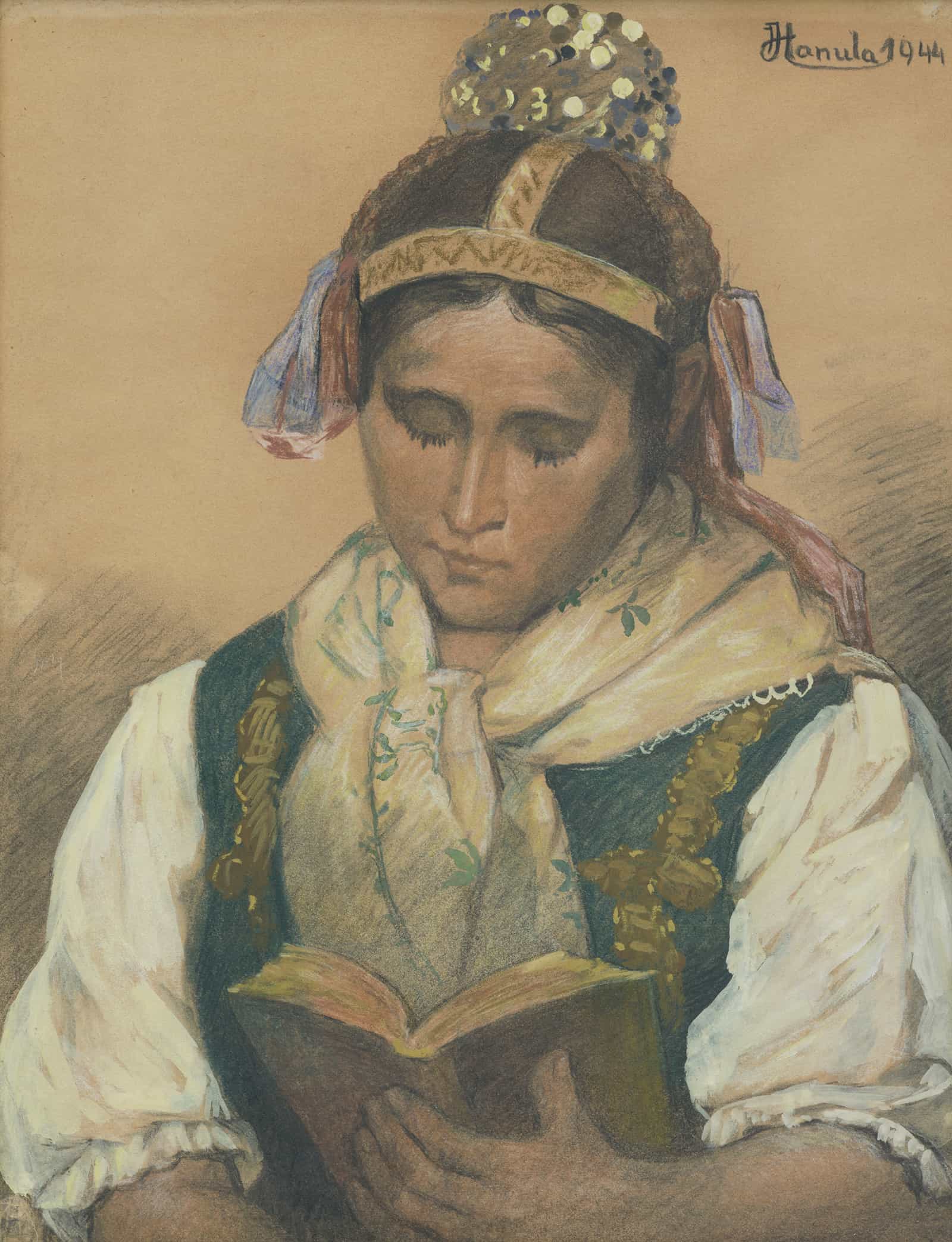 Reading In Traditional Costume by Jozef Hanula